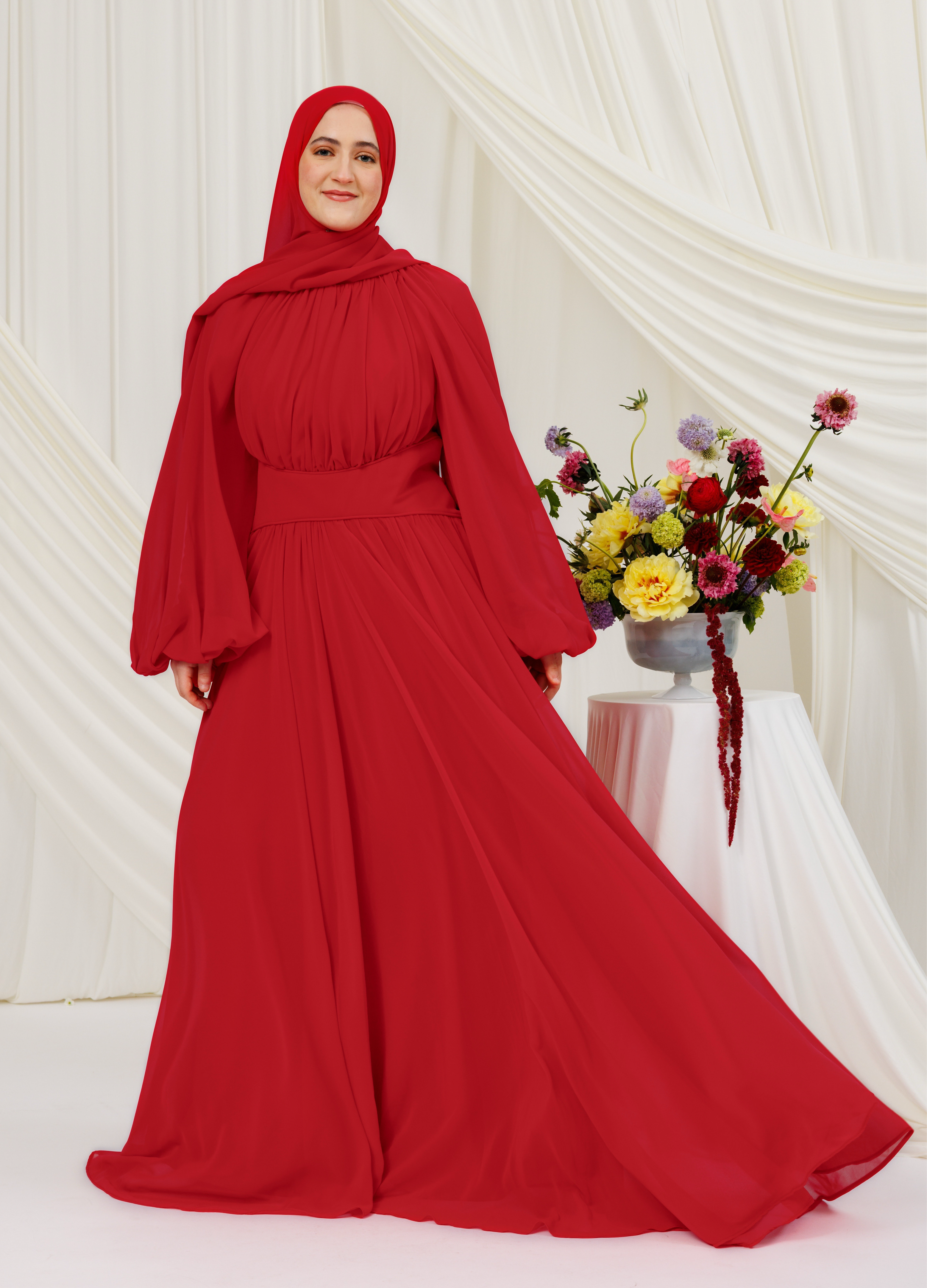 Red Structured Belt Gown