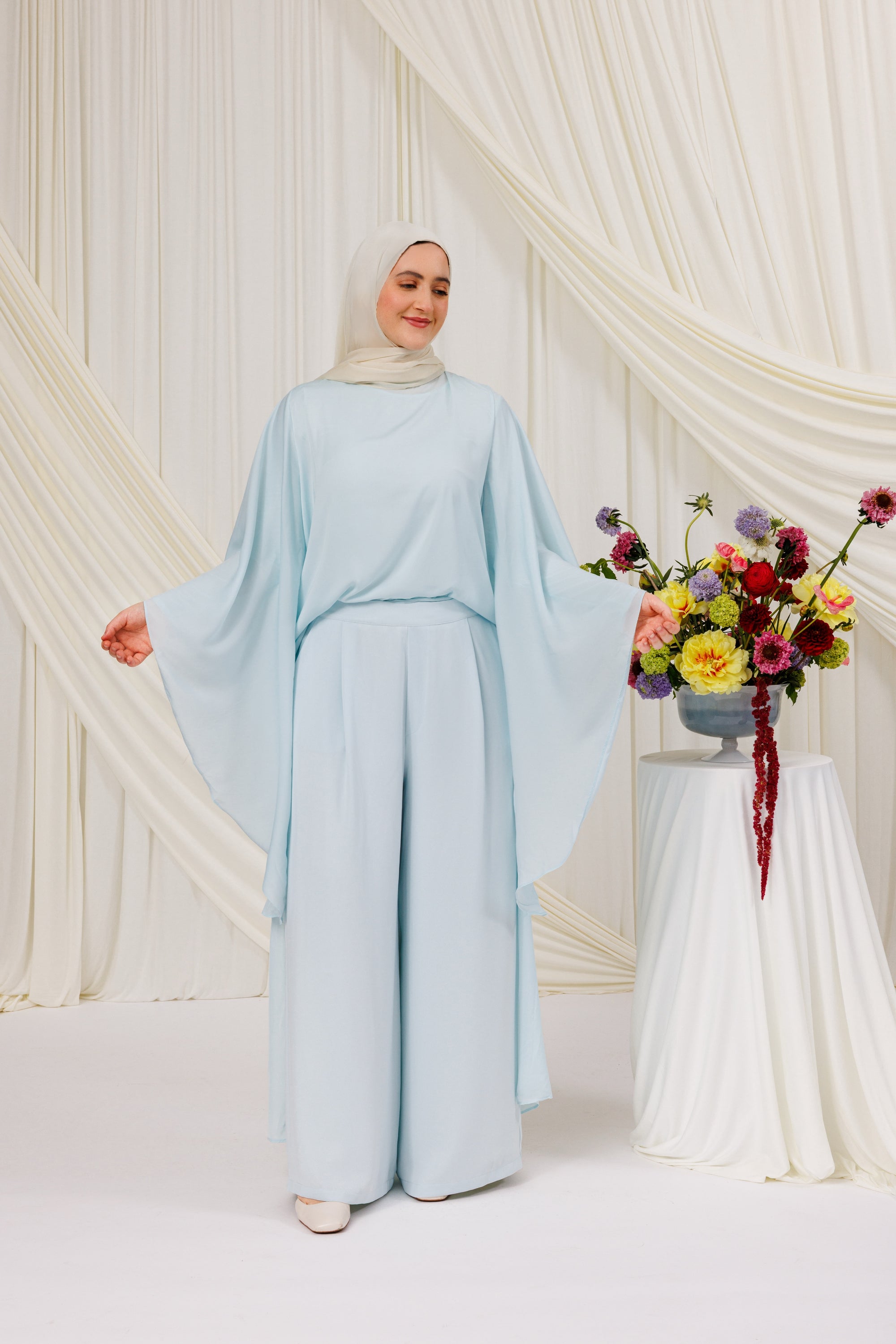Sky Blue Chiffon Cape Tunic Set (3 pcs)- Final Sale