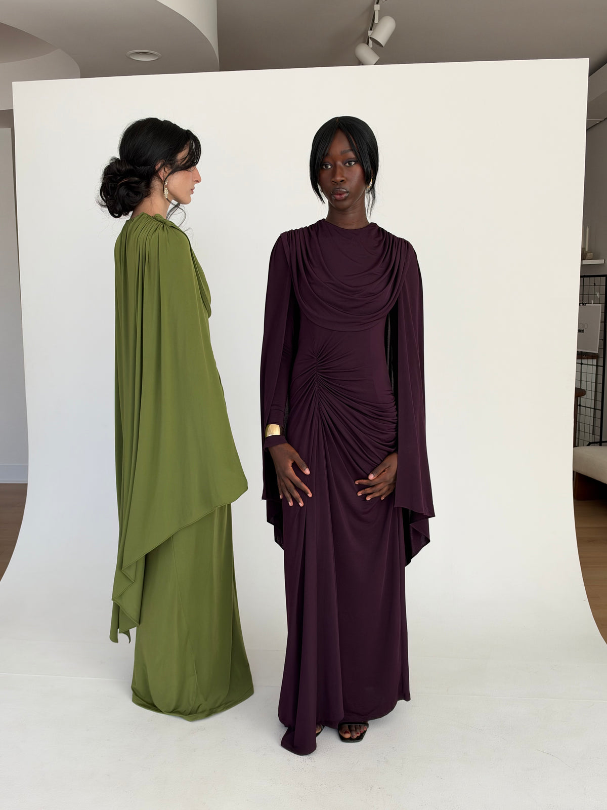 Plum Jersey Cape Gown