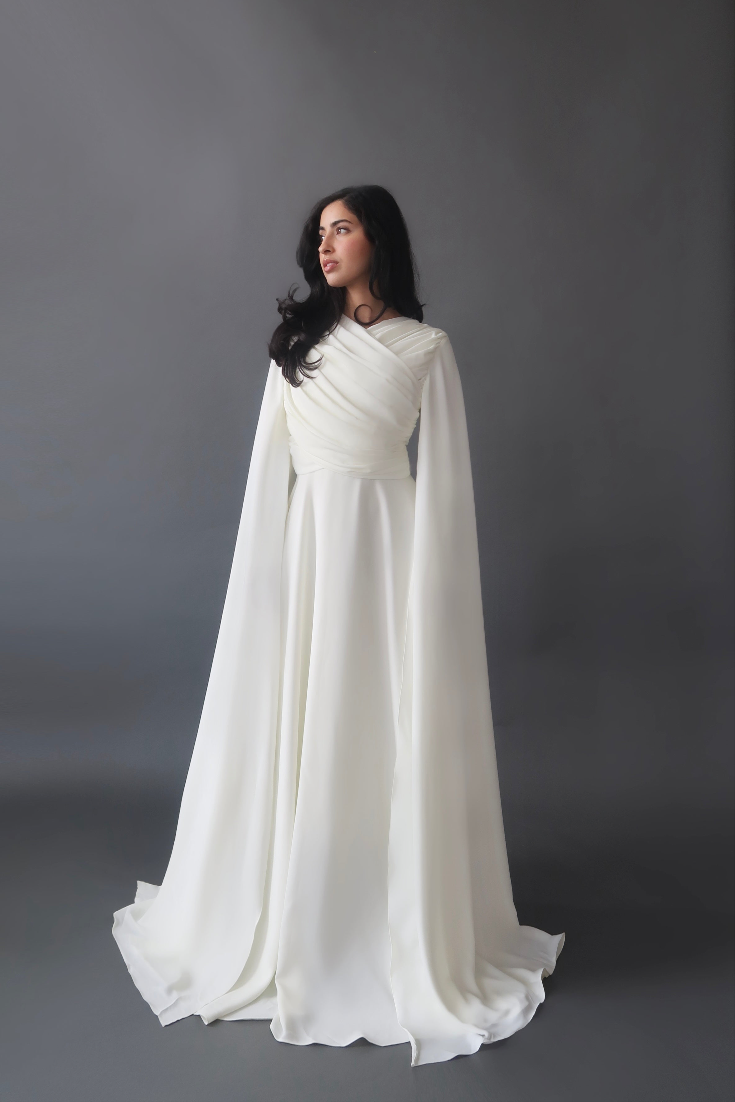 Eggshell White Cape Sleeve Gown