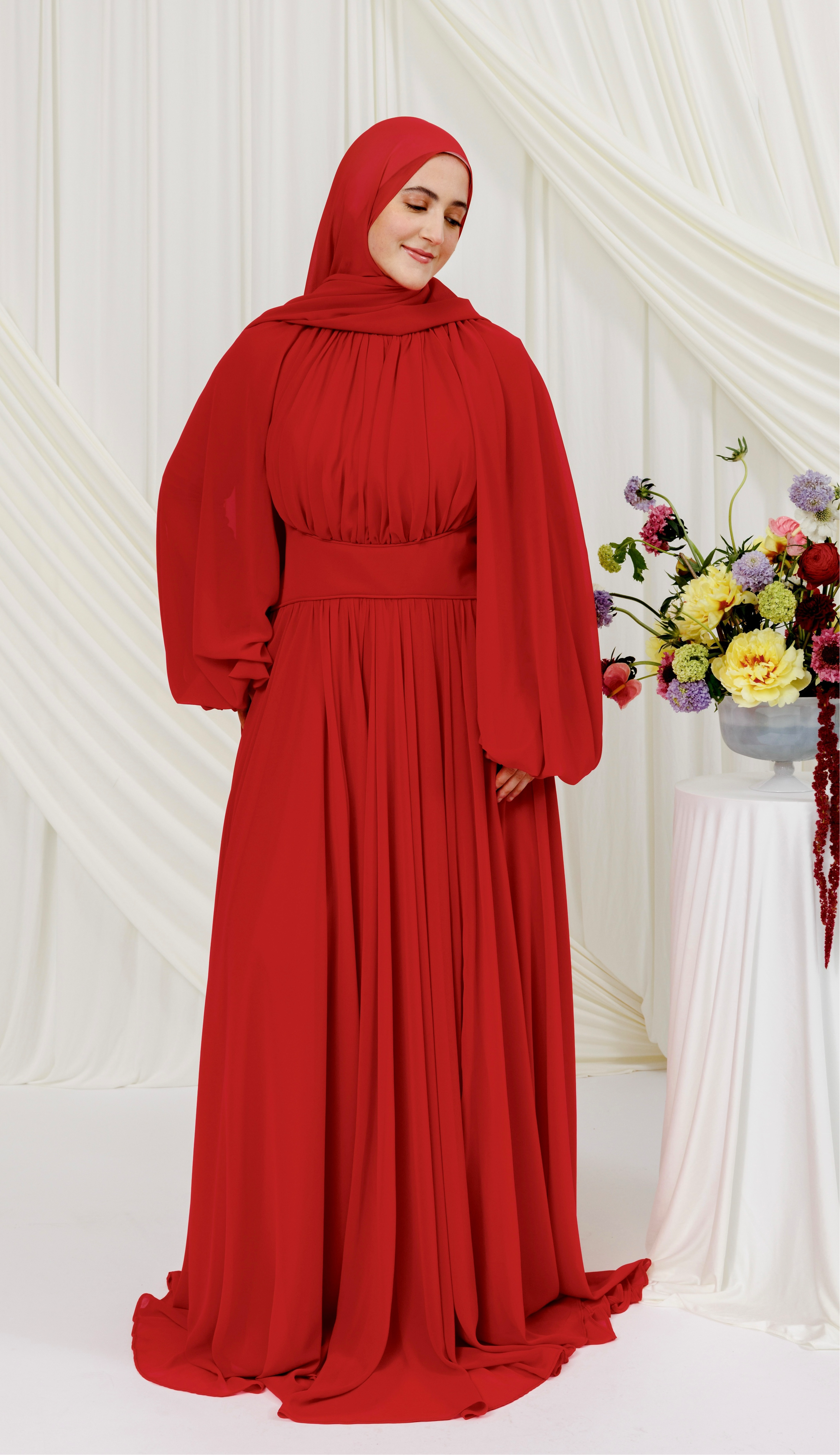 Red Structured Belt Gown