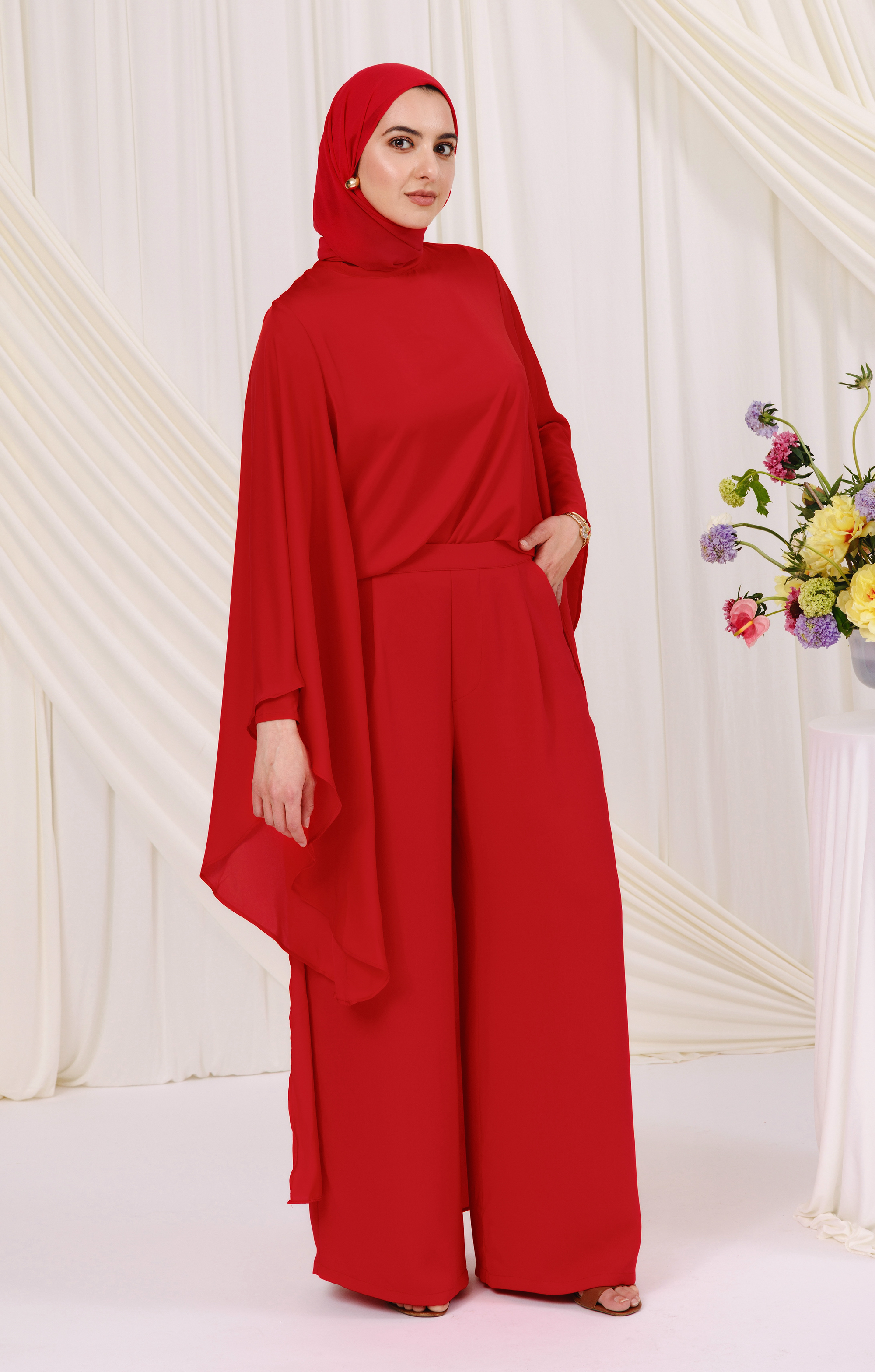 Red Chiffon Cape Tunic Set (3 pcs)- Final Sale