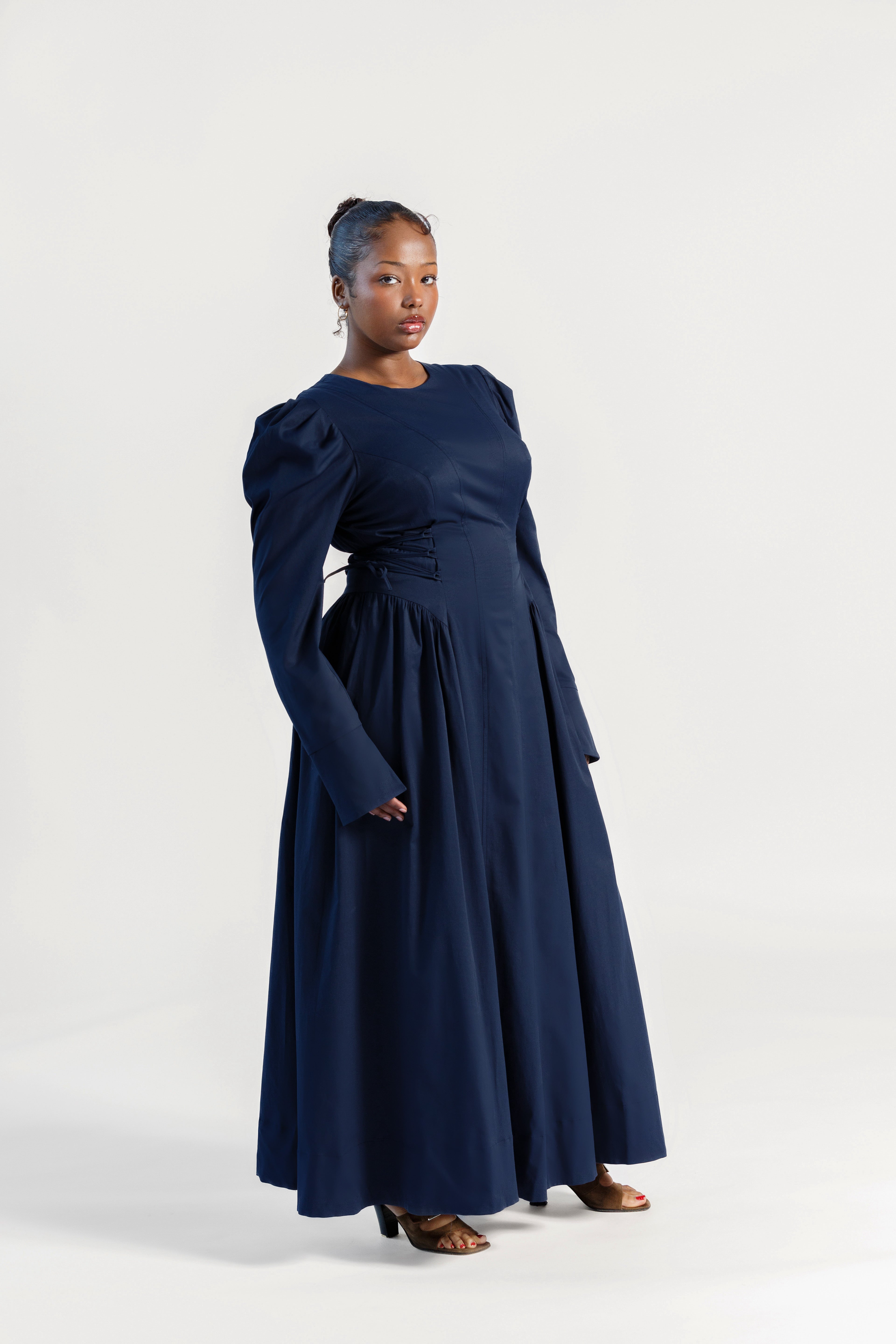 Navy Puff Sleeve Lace Up Dress - Final Sale