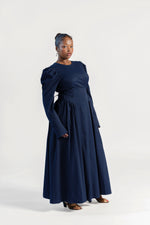 Load image into Gallery viewer, Navy Puff Sleeve Lace Up Dress - Final Sale

