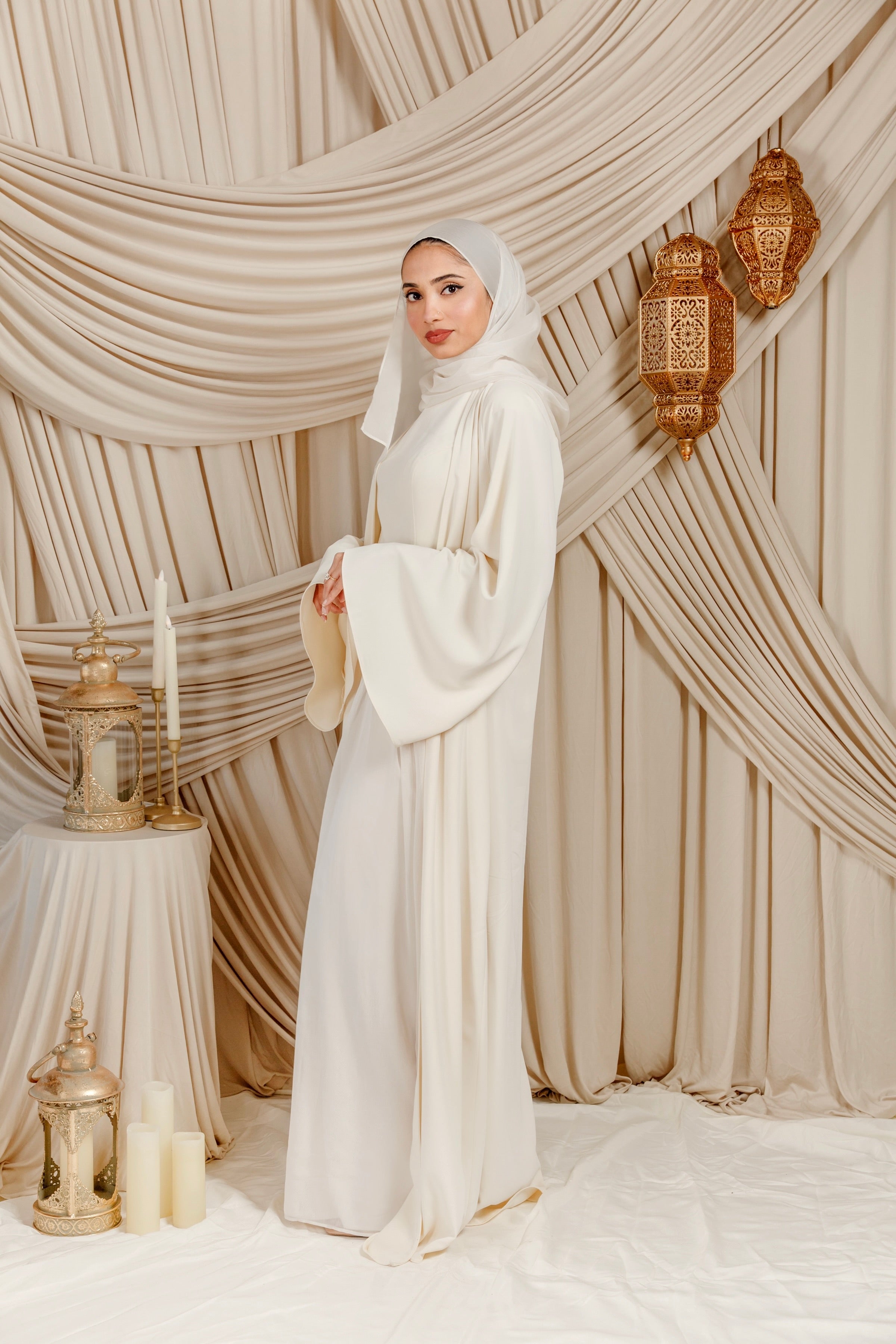 Cream Low Waisted Abaya Set (3 pcs)