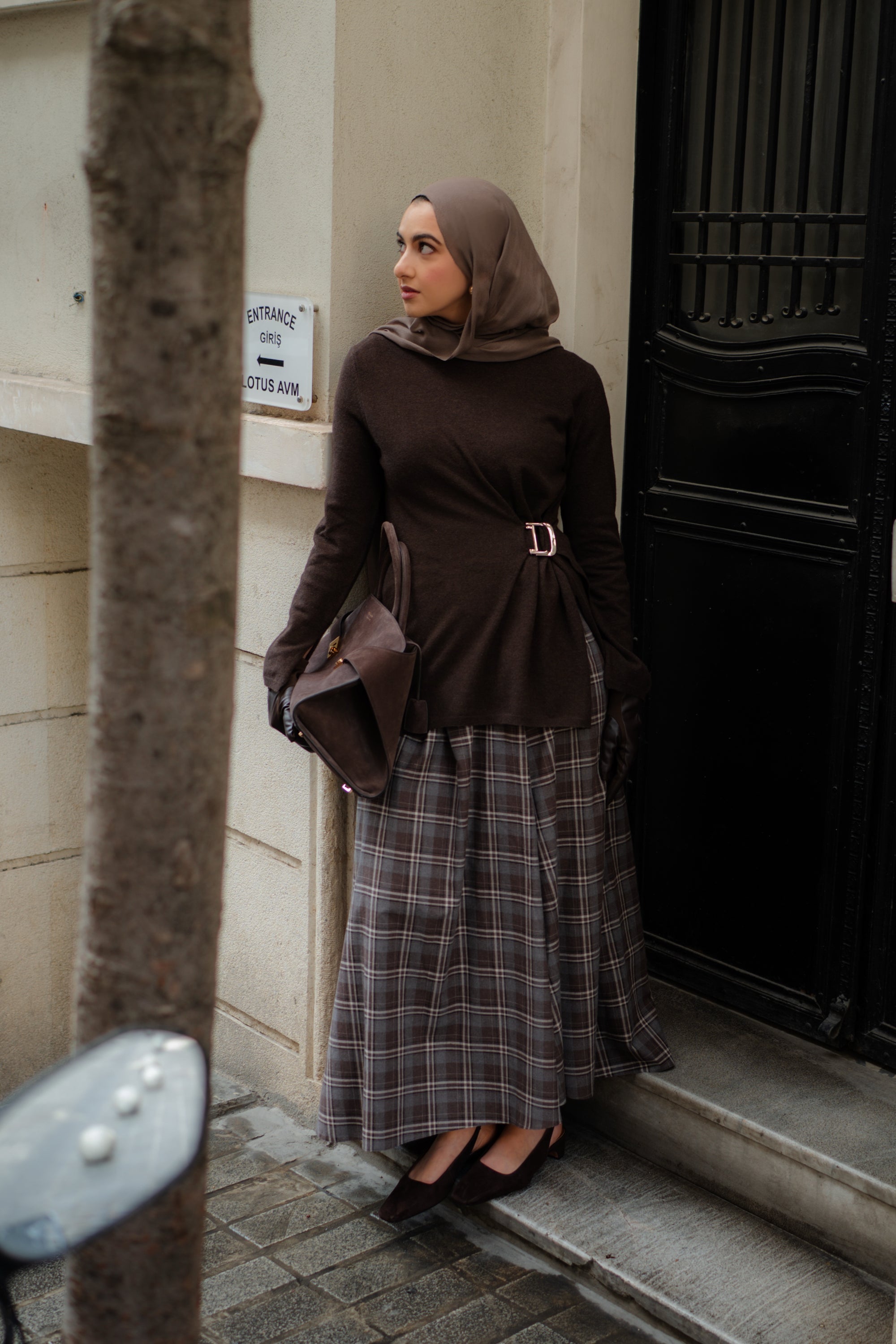 Brown Plaid Flare Skirt