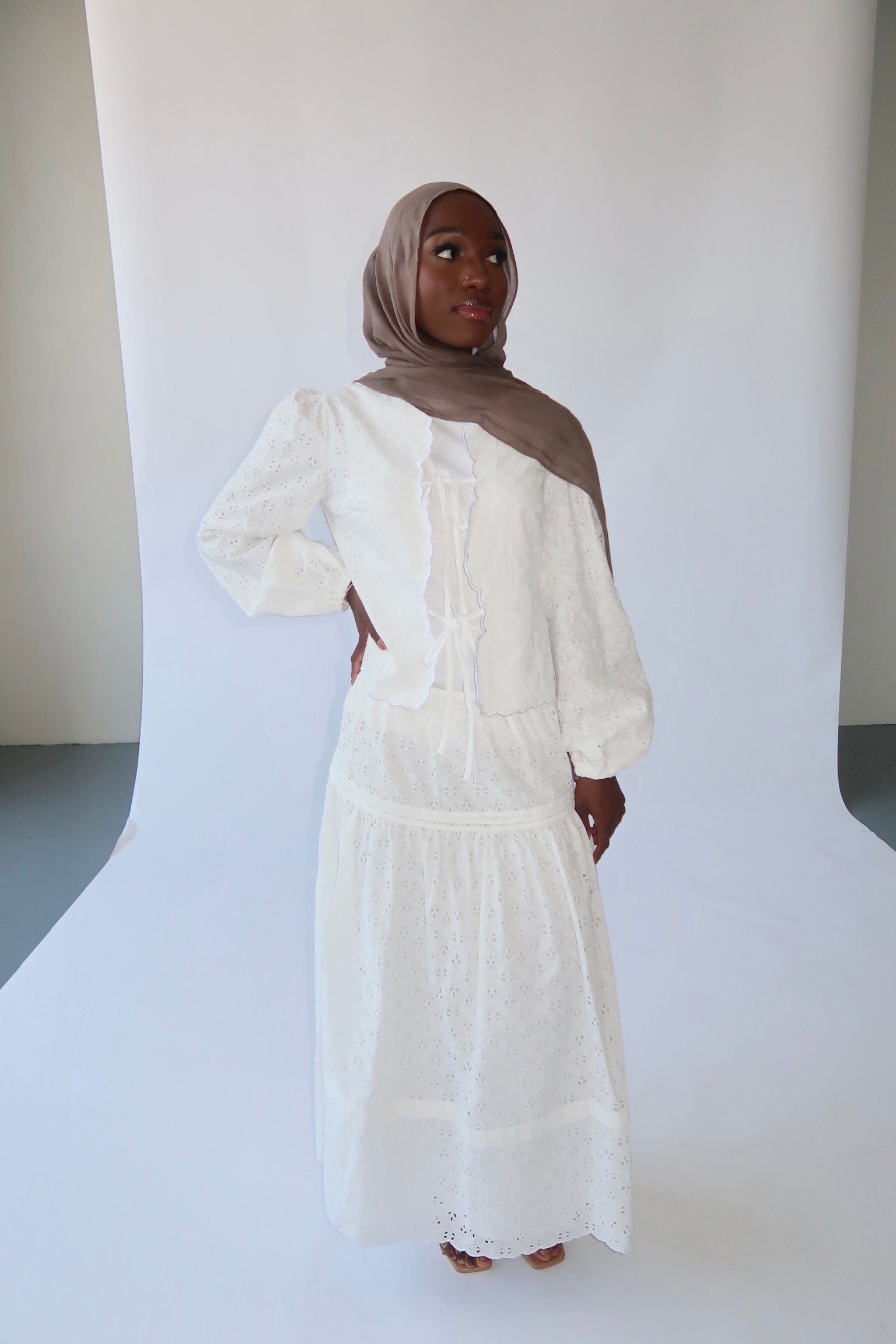 White Cotton Eyelet Lace Top & Maxi Skirt Set