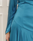 Teal Embellished Chiffon Cape Gown