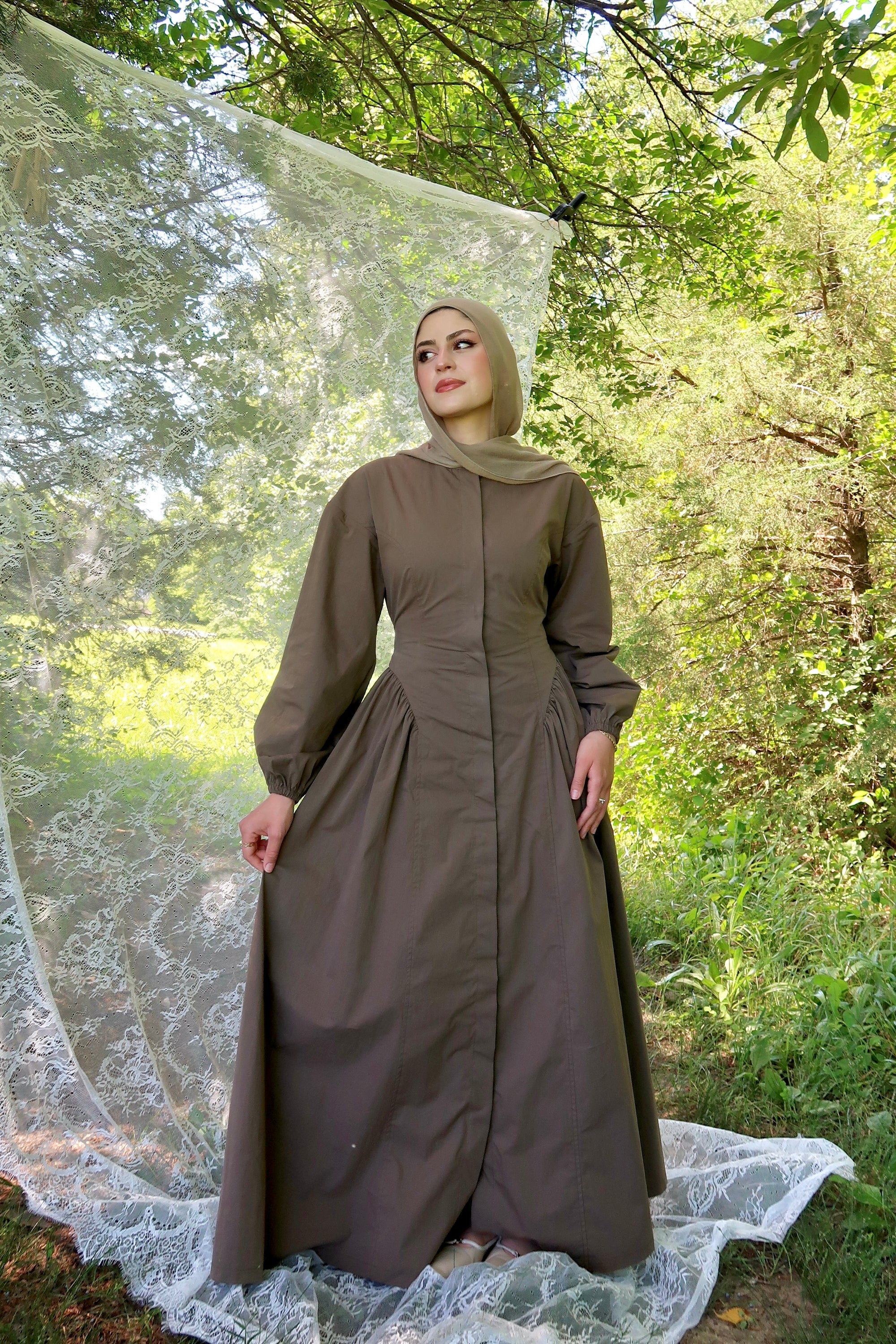 Mocha Cinched Buttoned Dress