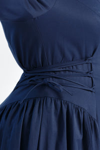 Navy Puff Sleeve Lace Up Dress - Final Sale