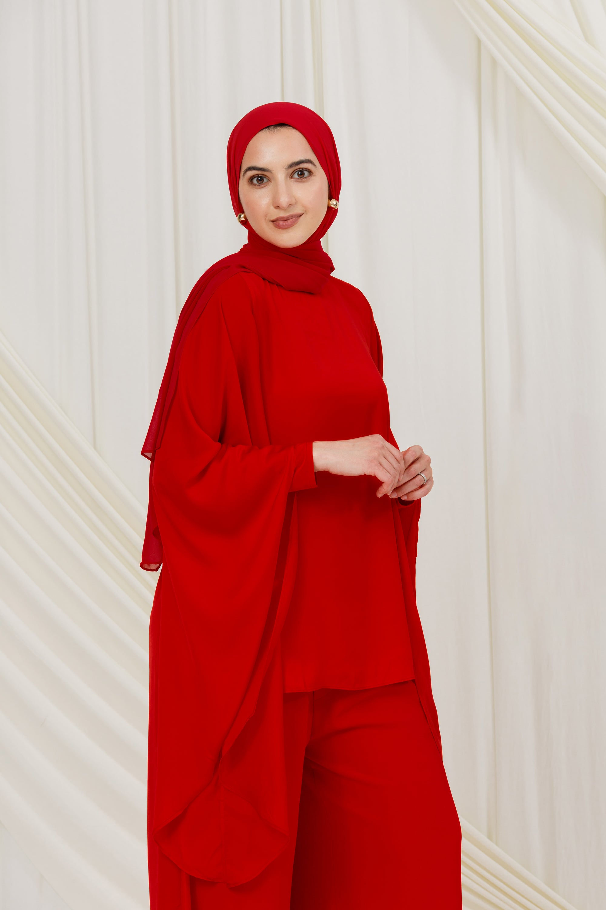 Red Chiffon Cape Tunic Set (3 pcs)- Final Sale