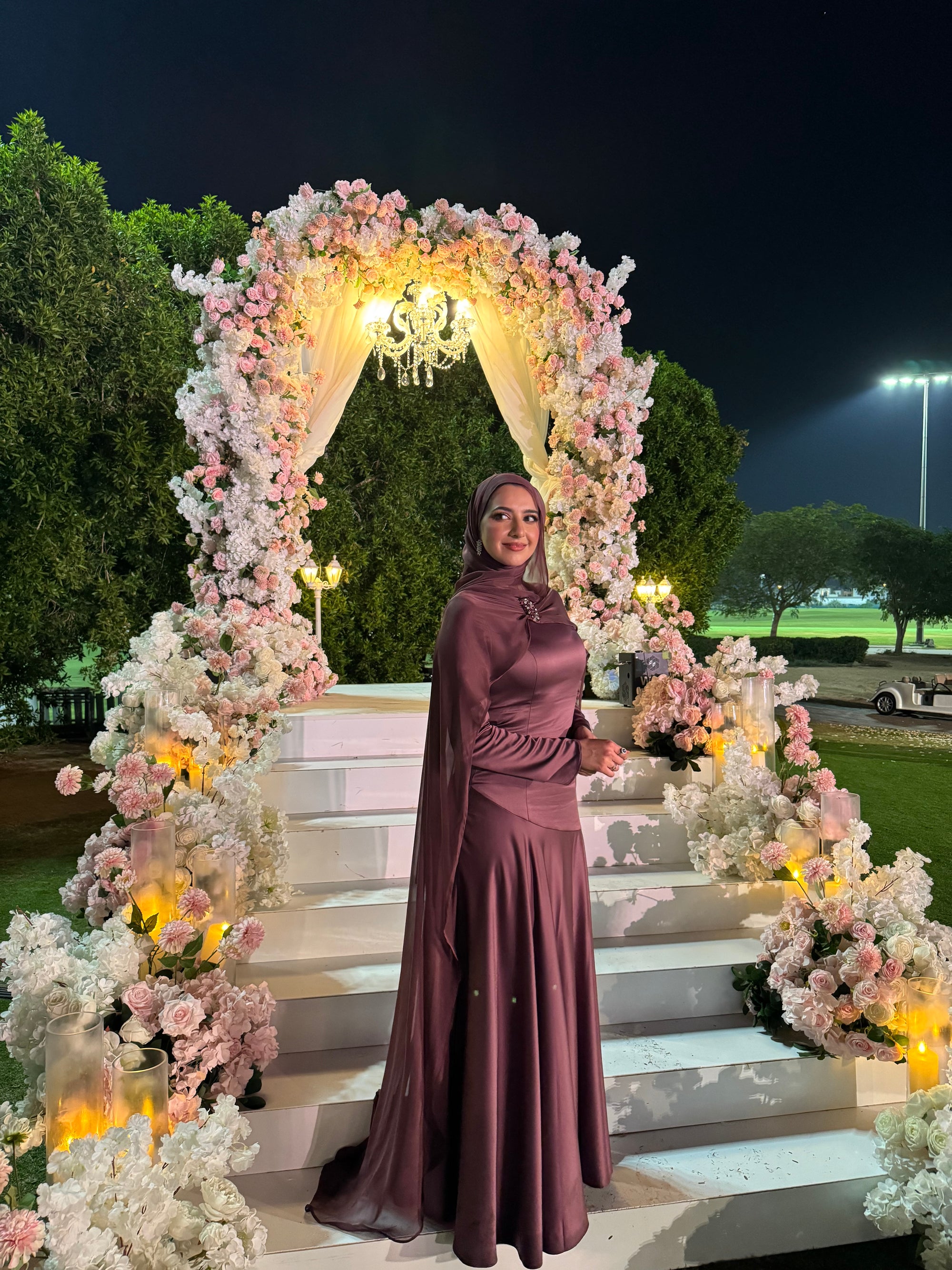 Plum Embellished Chiffon Cape Gown