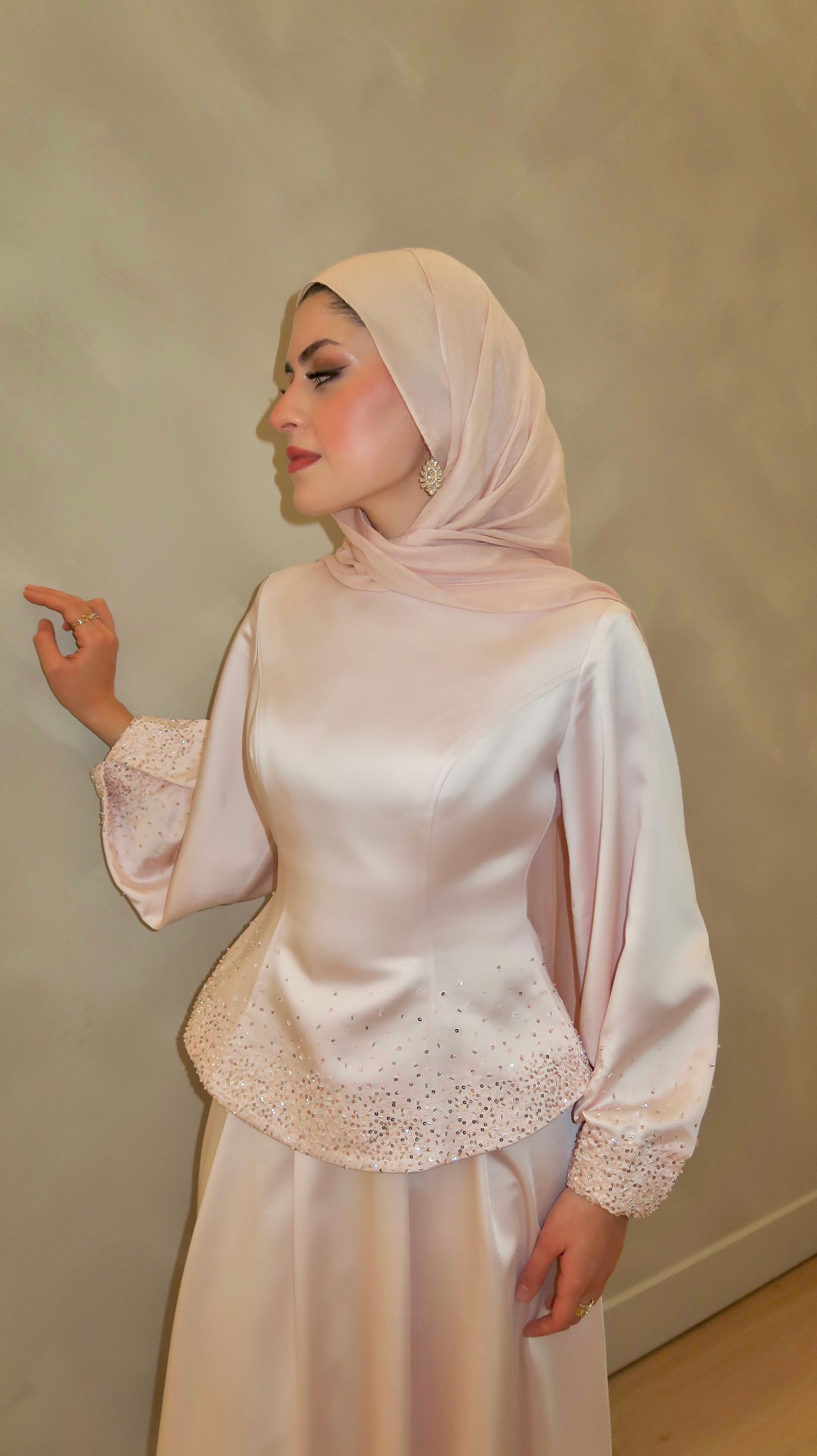 Blush Pink Embellished Satin Peplum Set