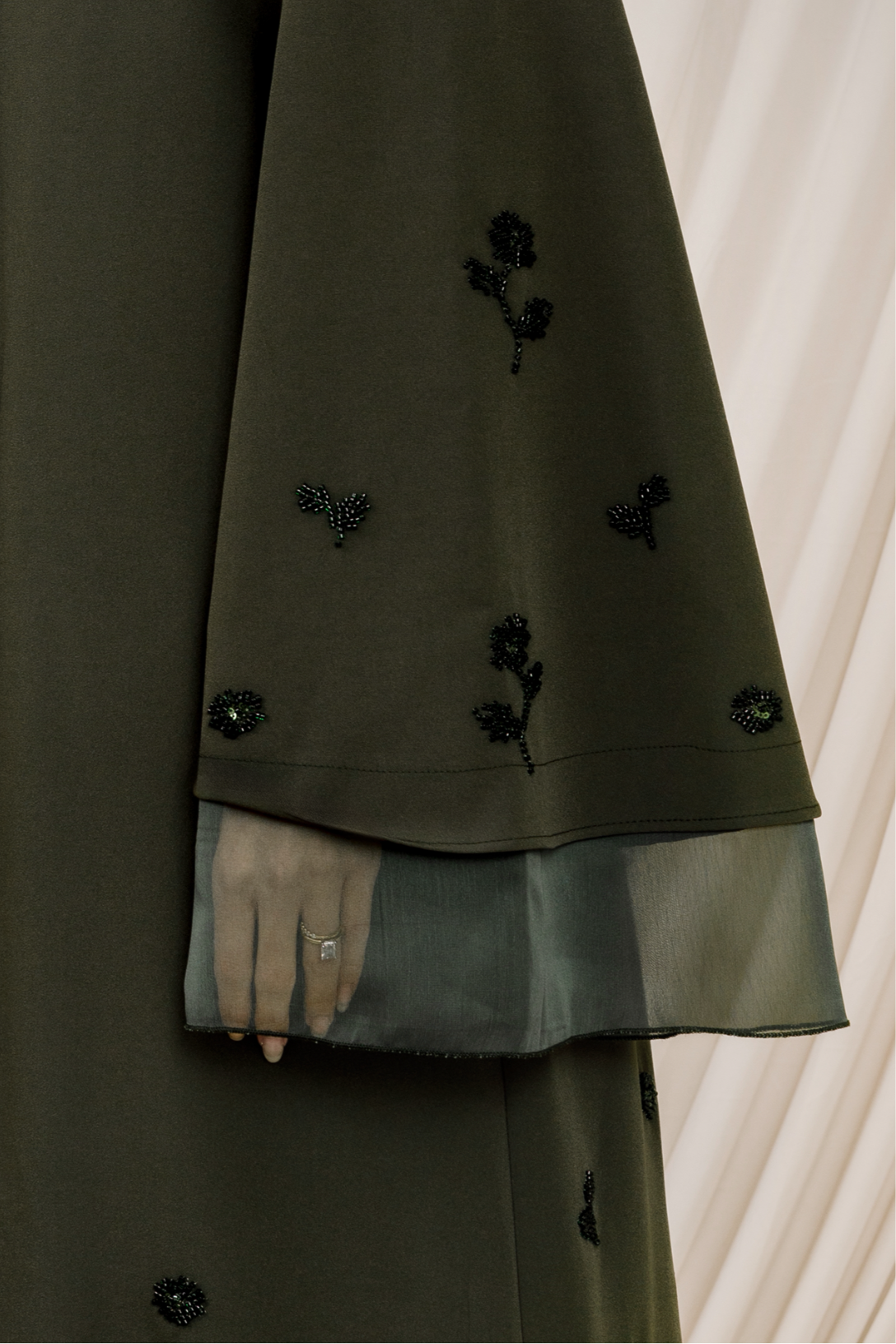 Dark Moss Beaded Floral Chiffon Cuff Abaya (2 pc)