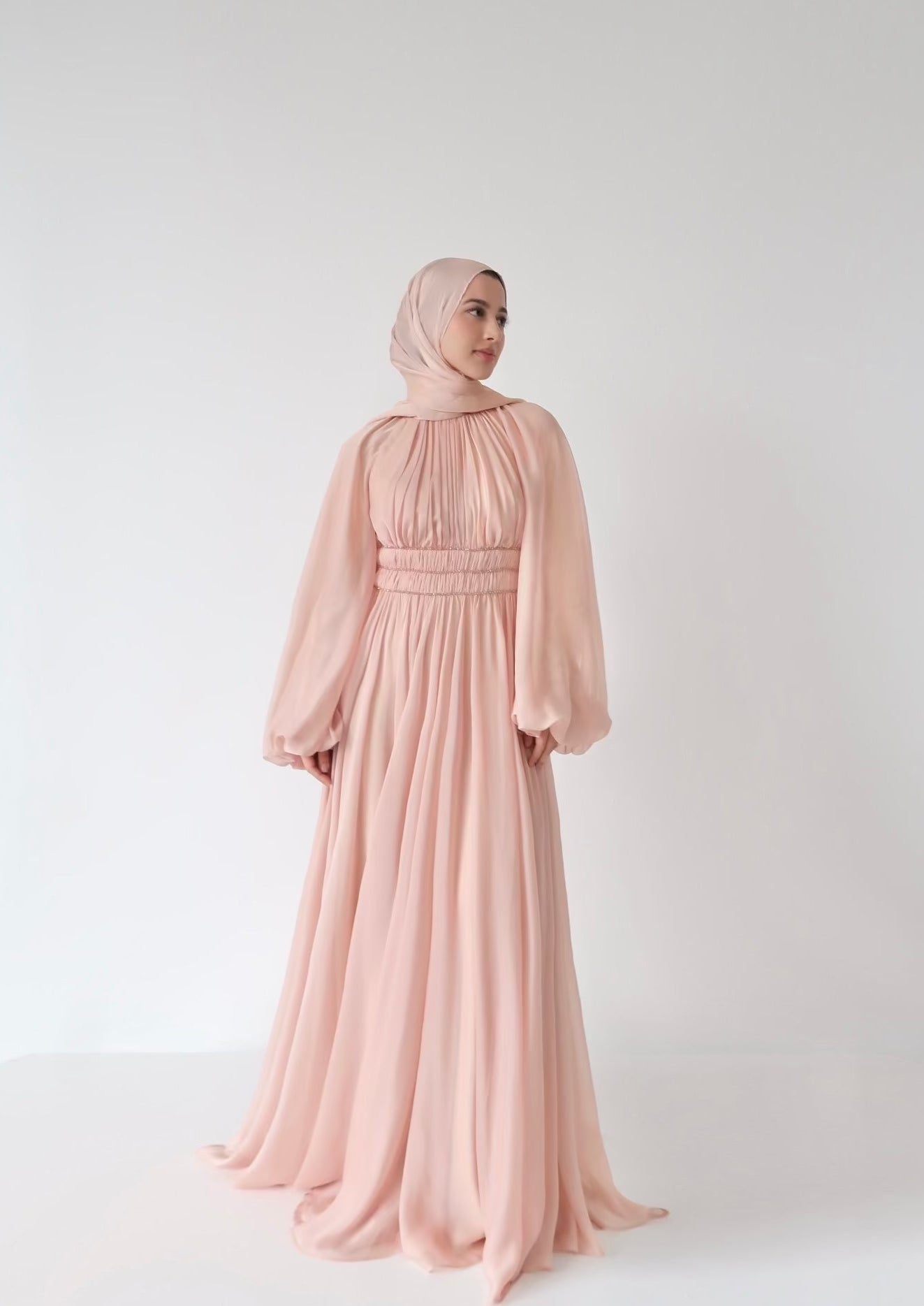 Peachy Blush Kaftan Beaded Belt Gown