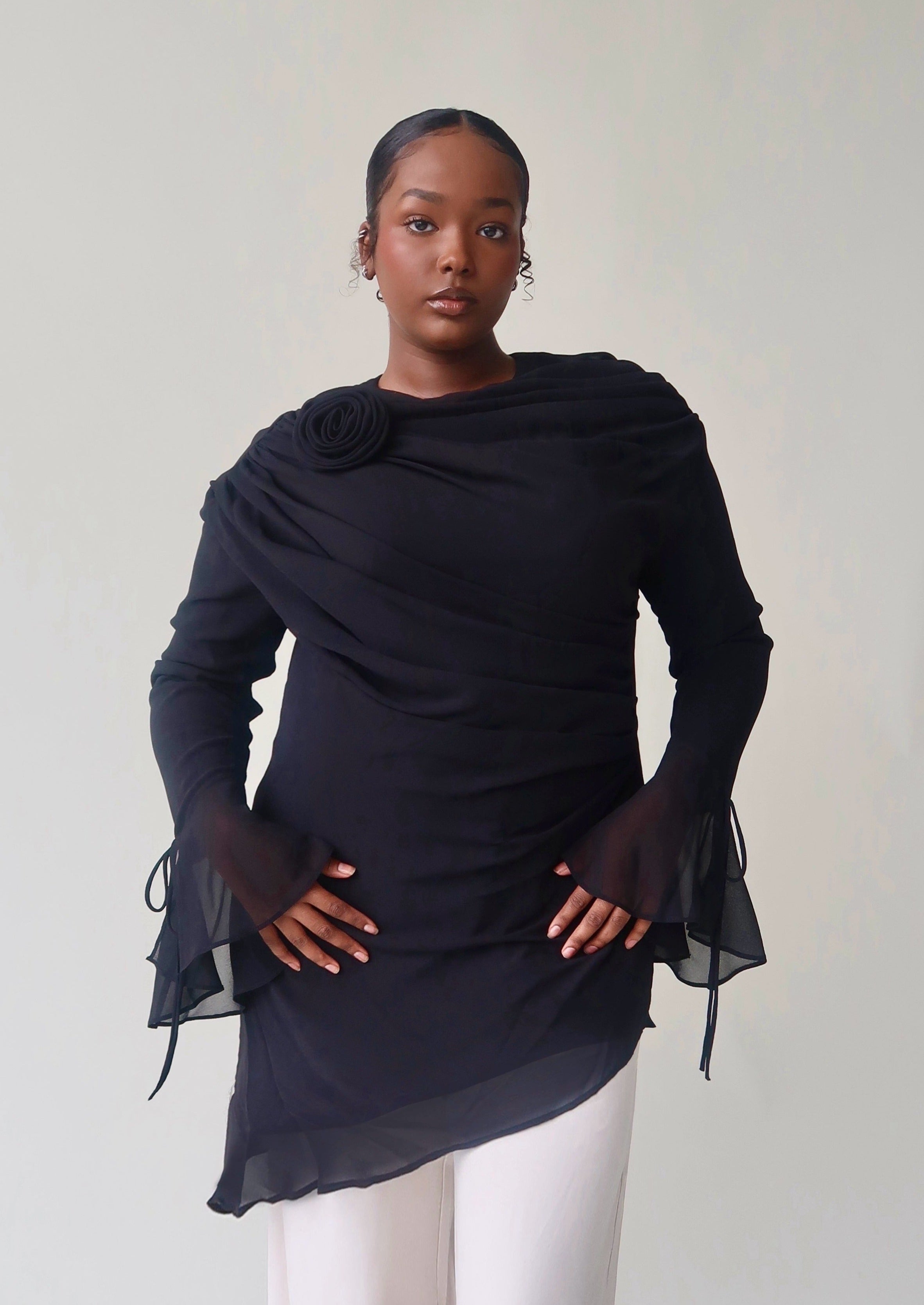 Black Draped Rose Tunic- Final Sale