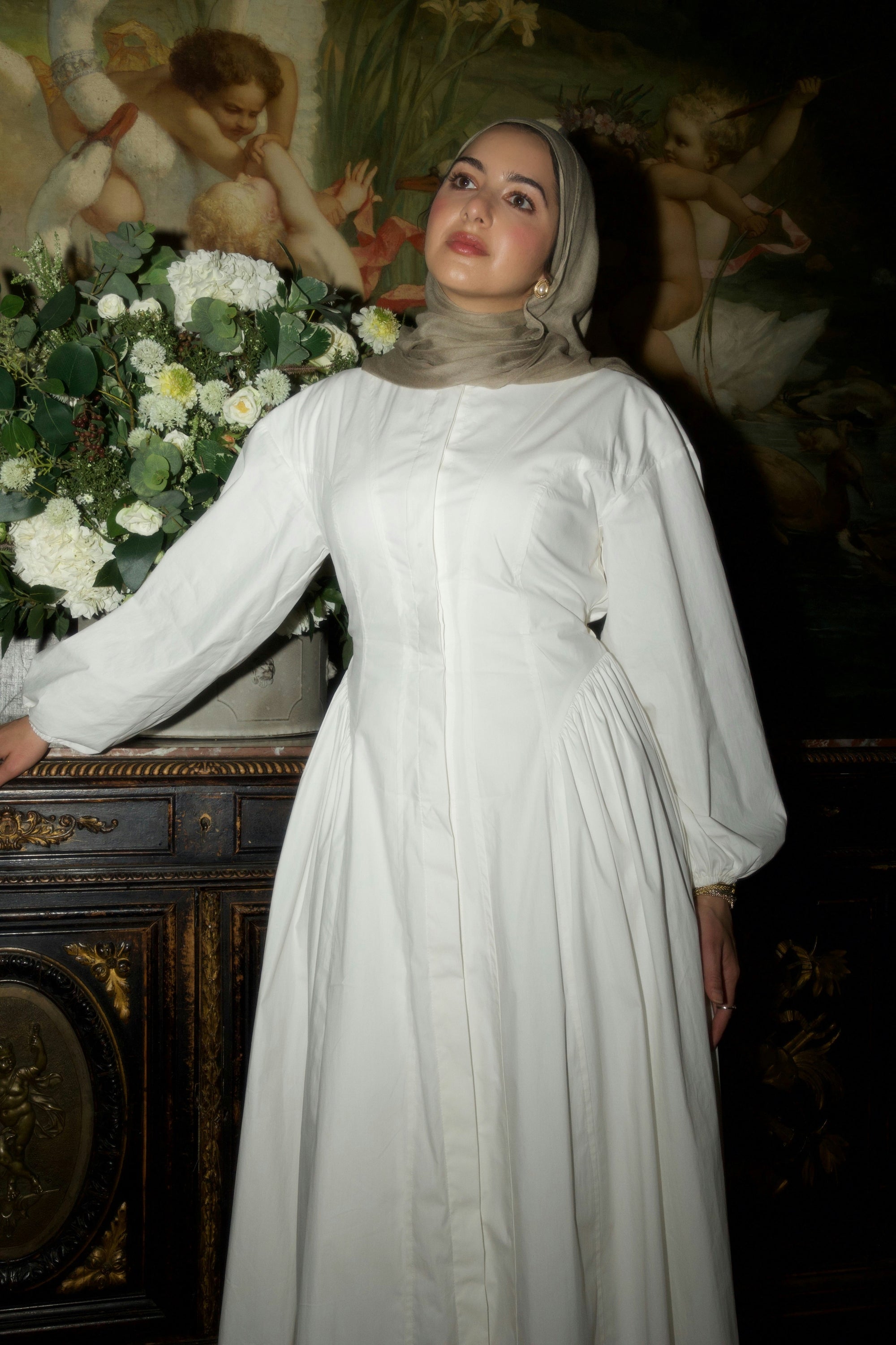White Cinched Buttoned Dress