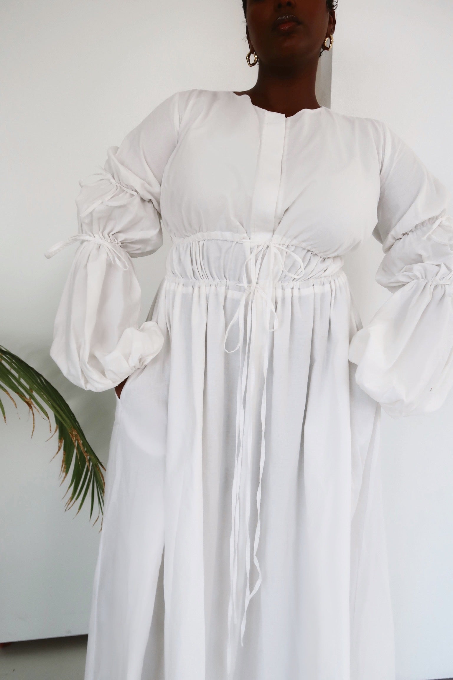 White Cinched Lace Up Dress