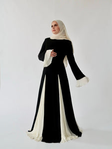 Black & Cream Pleated Slit Gown