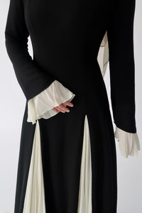 Black & Cream Pleated Slit Gown