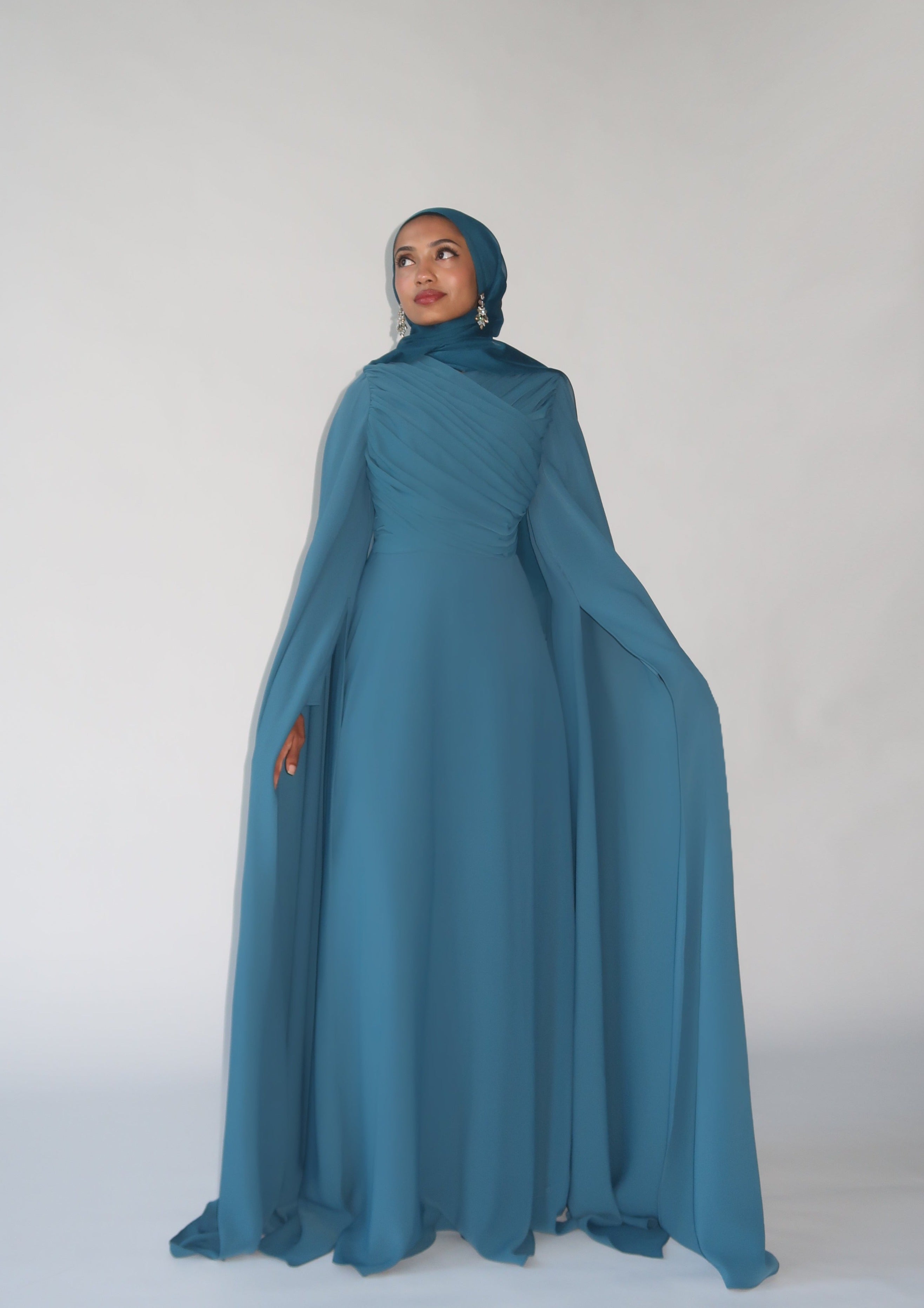 Deep Teal Cape Sleeve Gown