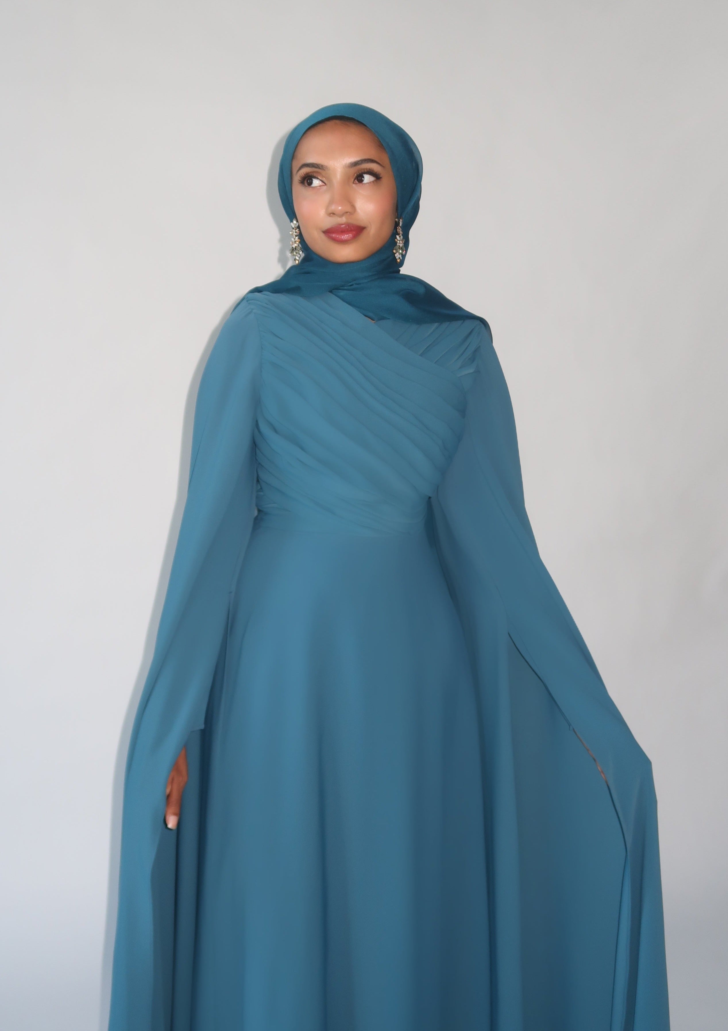 Deep Teal Cape Sleeve Gown