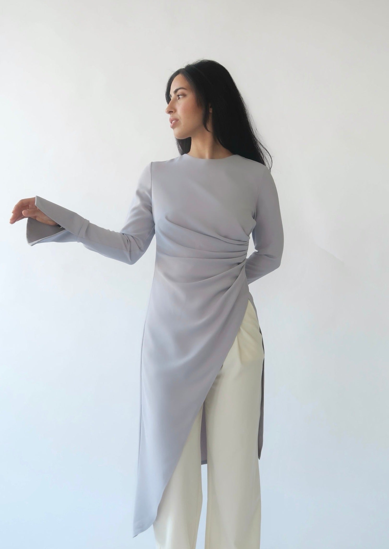 Powder Gray Asymmetric Slit Tunic