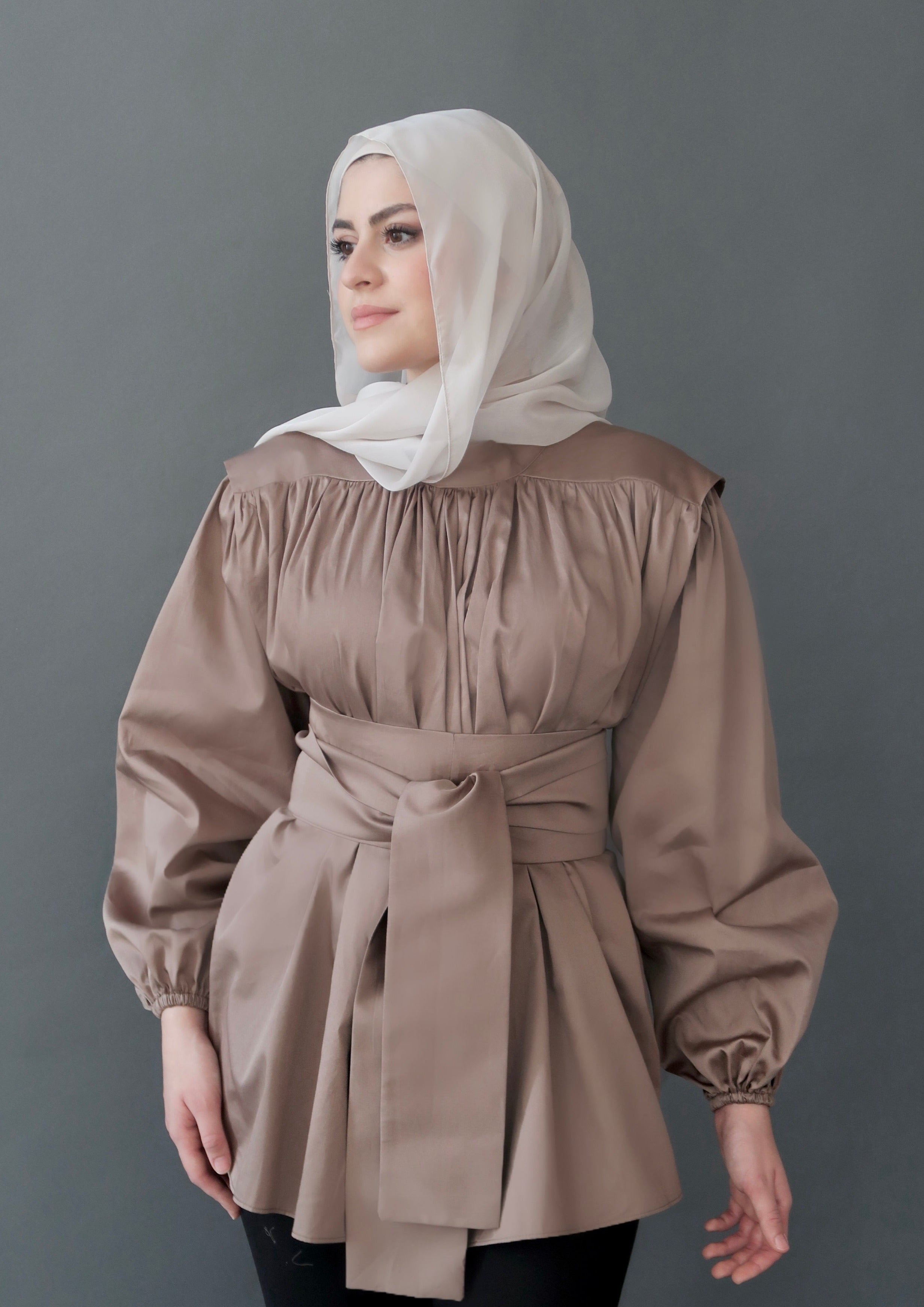 Brown Belted Balloon Sleeve Tunic