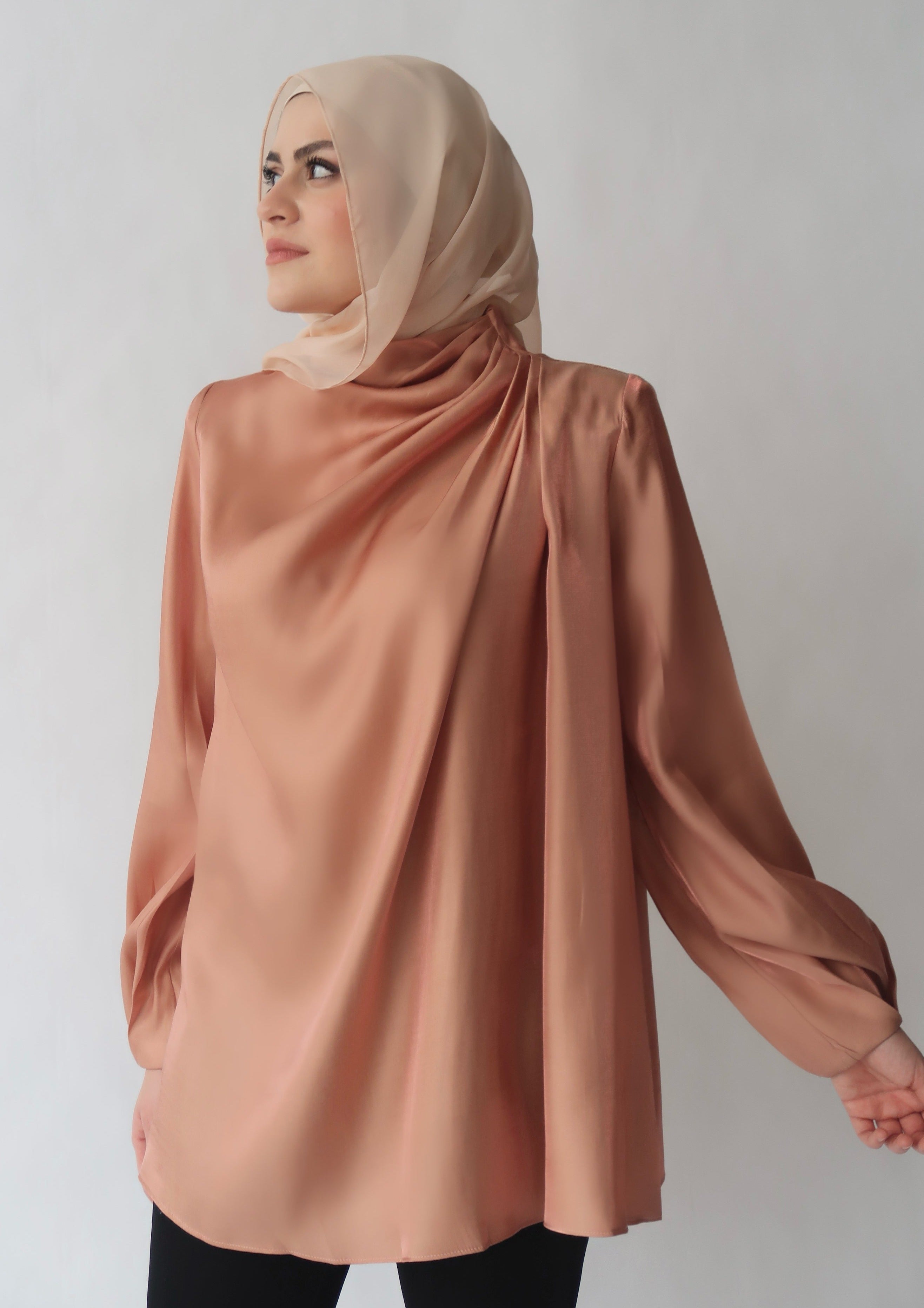Peach Draped Shoulder Shimmering Tunic