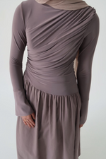 Load image into Gallery viewer, Mink Asymmetric Draped Dress - Final Sale
