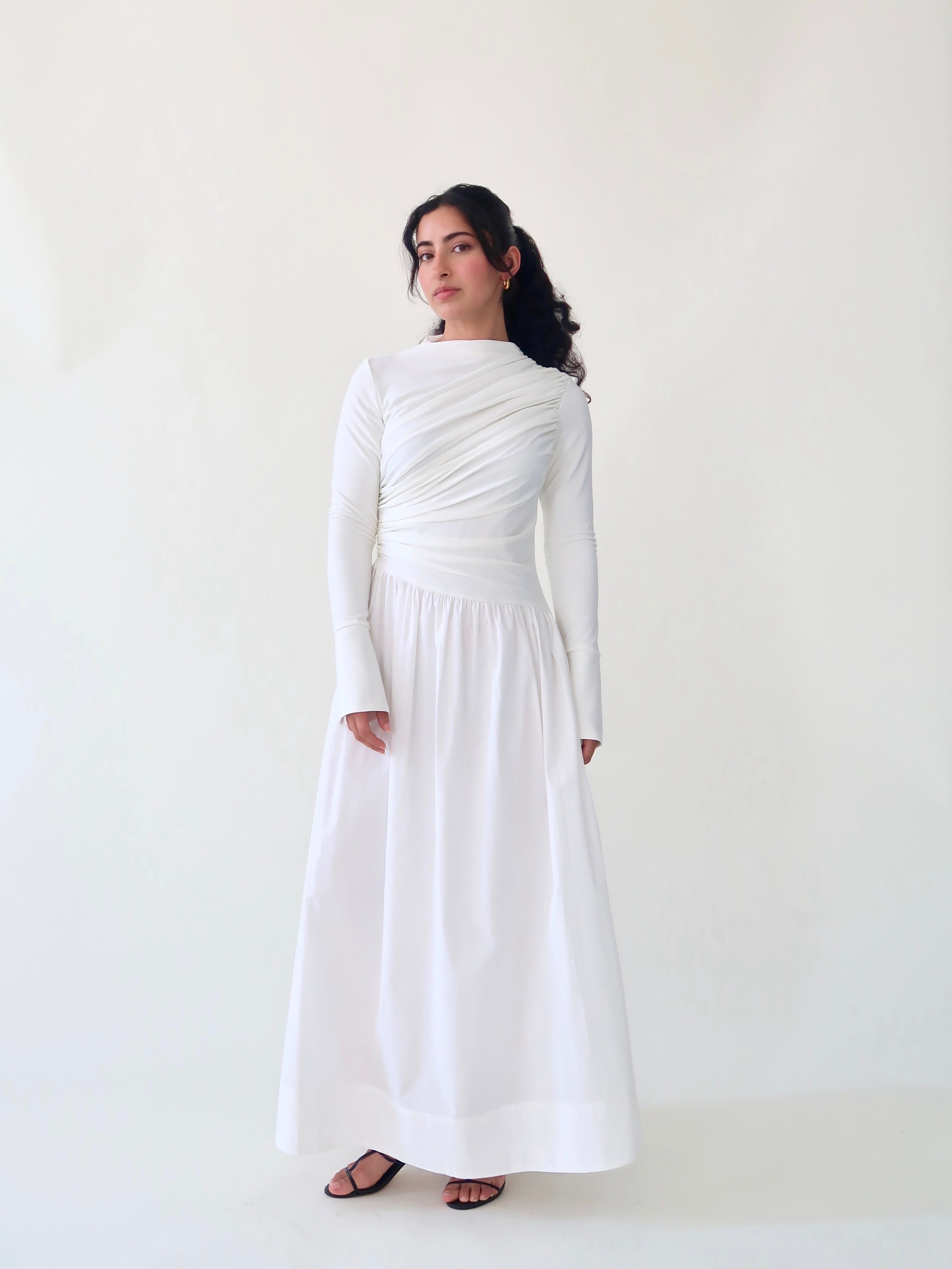 White Asymmetric Draped Dress