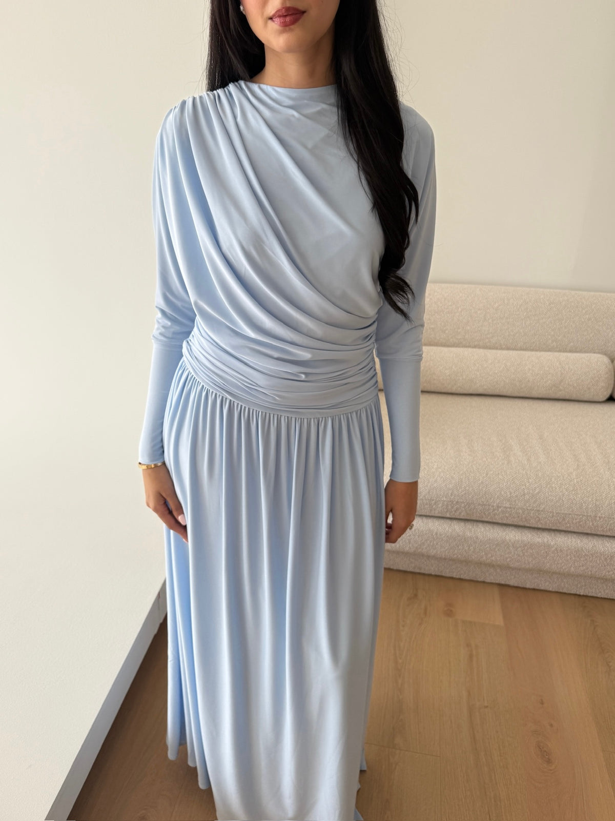 Baby Blue Batwing Jersey Maxi Dress
