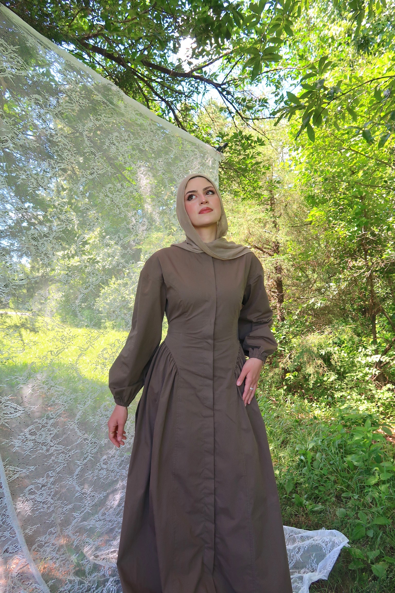 Mocha Cinched Buttoned Dress
