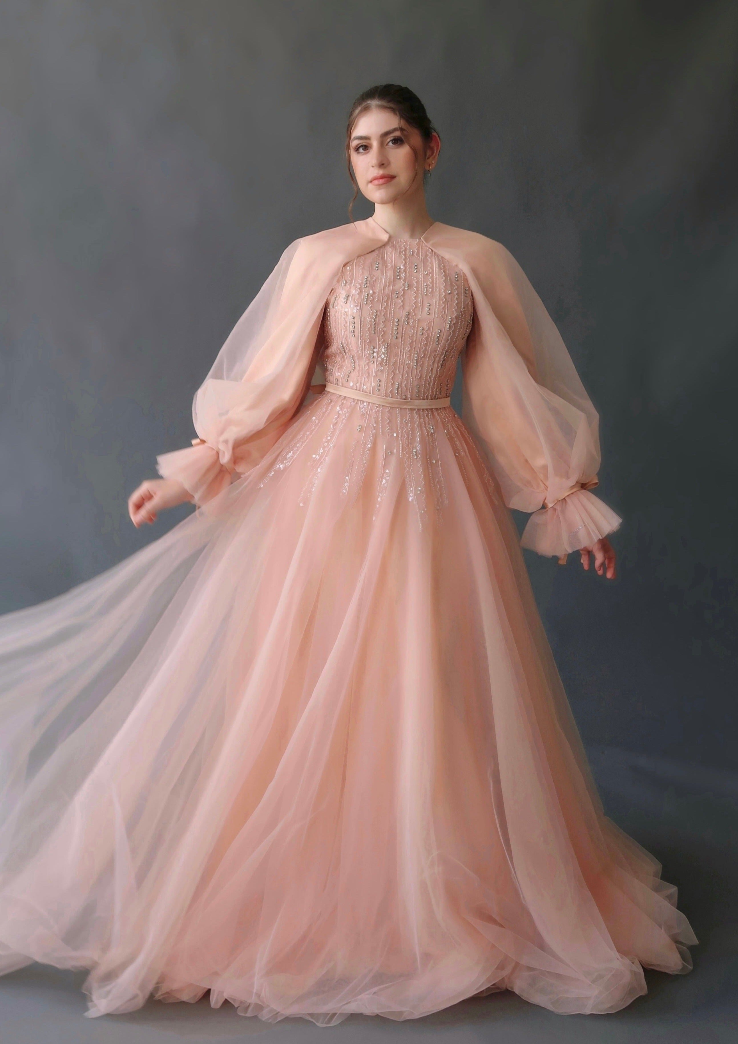 Peach Convertible Halter Neck Ball Gown