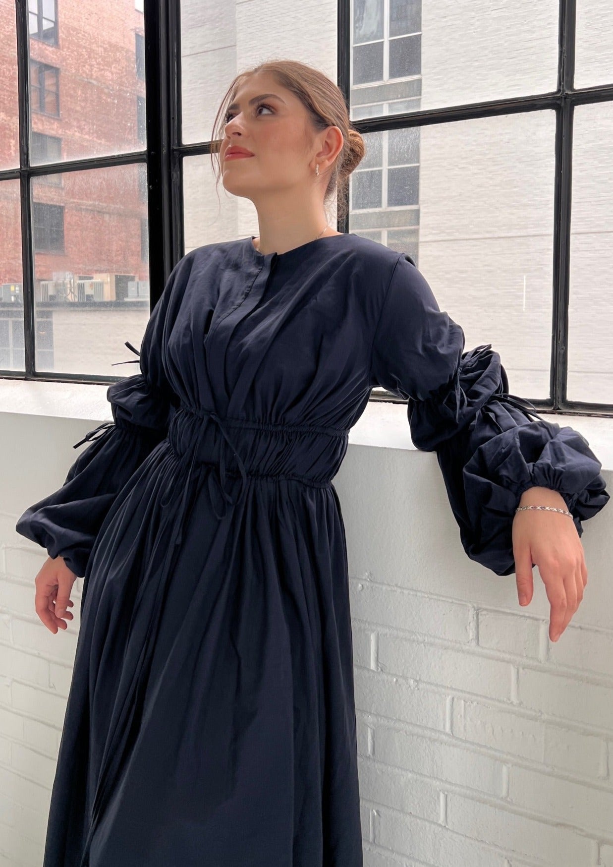 Midnight Navy Cinched Lace Up Dress