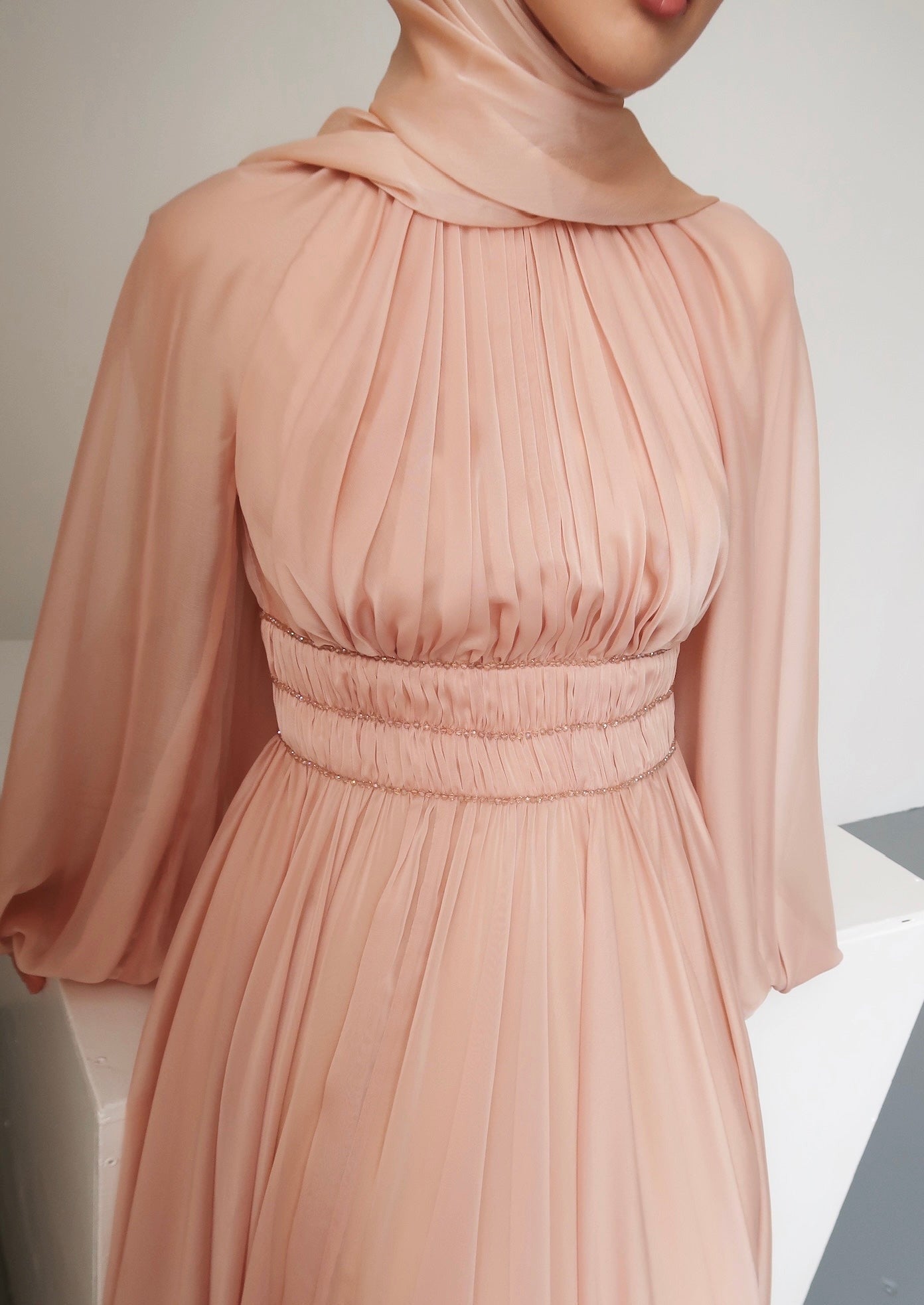 Peachy Blush Kaftan Beaded Belt Gown
