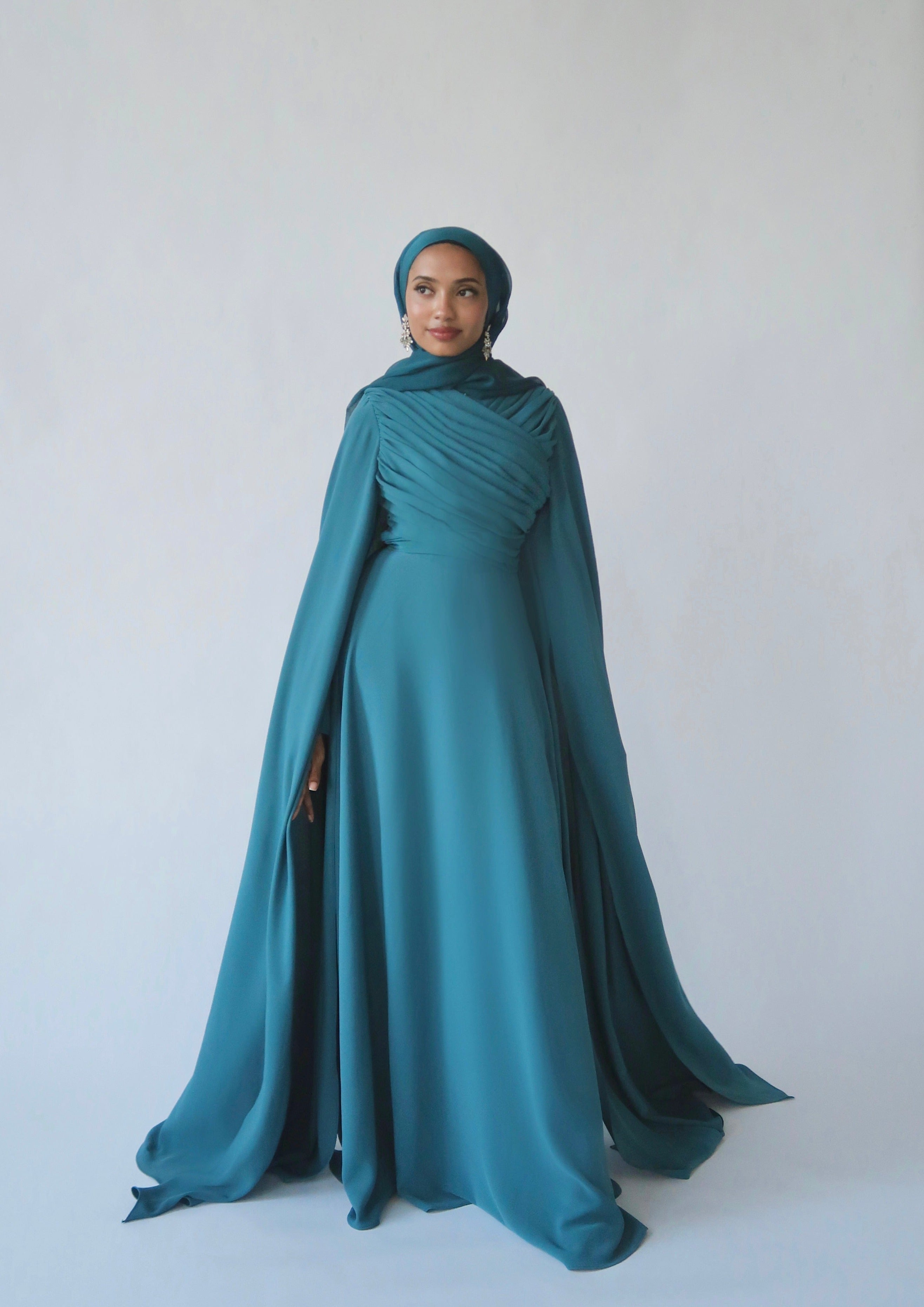 Deep Teal Cape Sleeve Gown