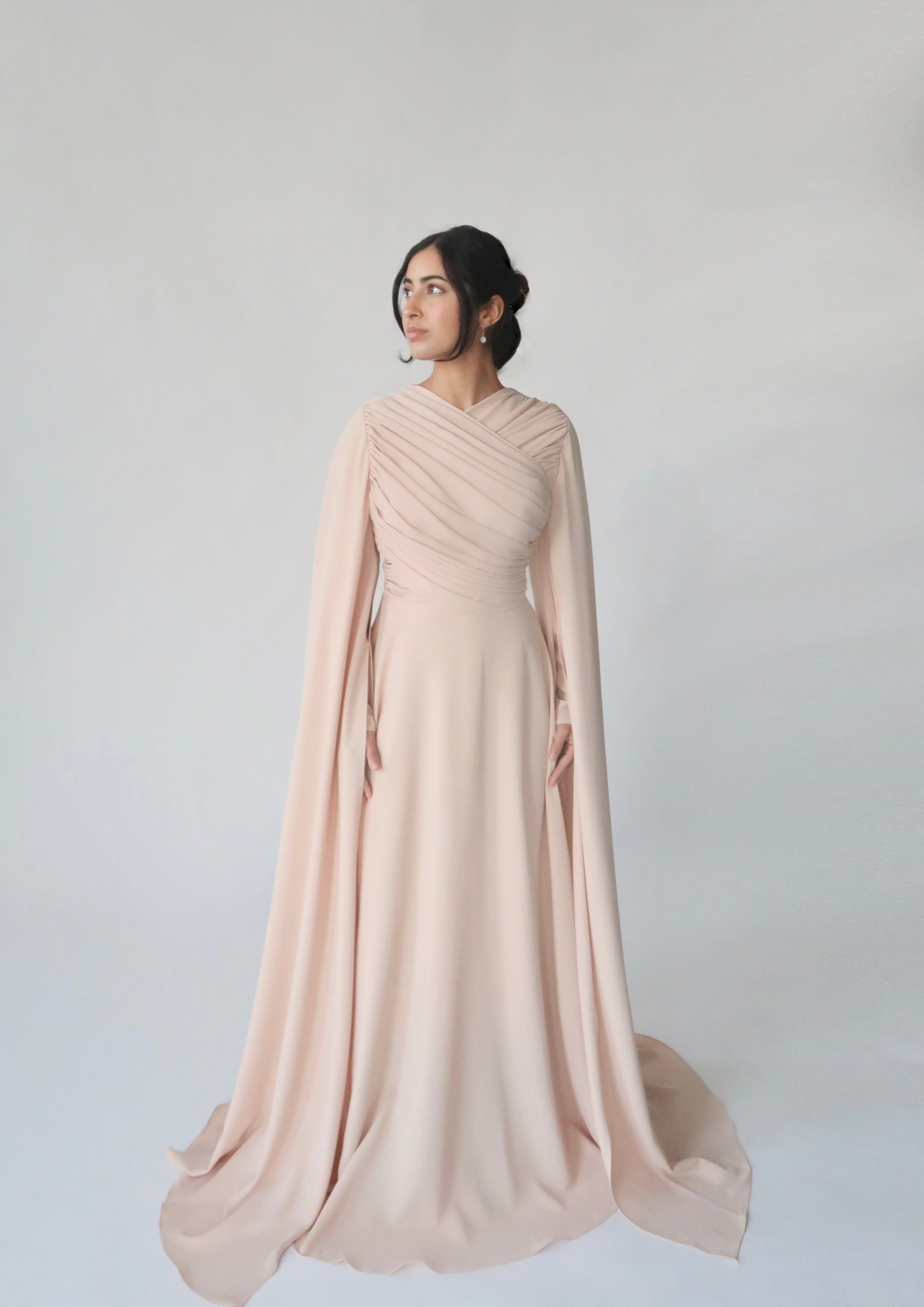 Crepe Blush Cape Sleeve Gown