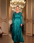 Teal Embellished Chiffon Cape Gown
