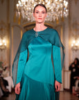 Teal Embellished Chiffon Cape Gown