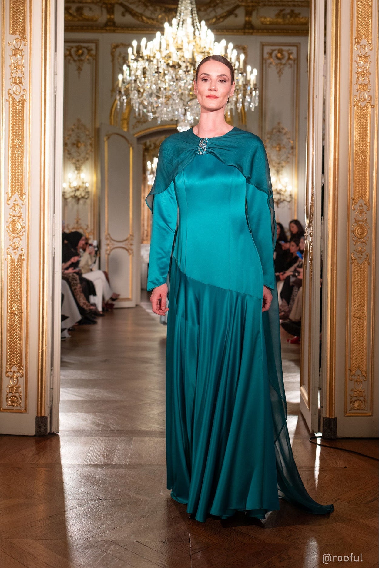 Teal Embellished Chiffon Cape Gown- Final Sale
