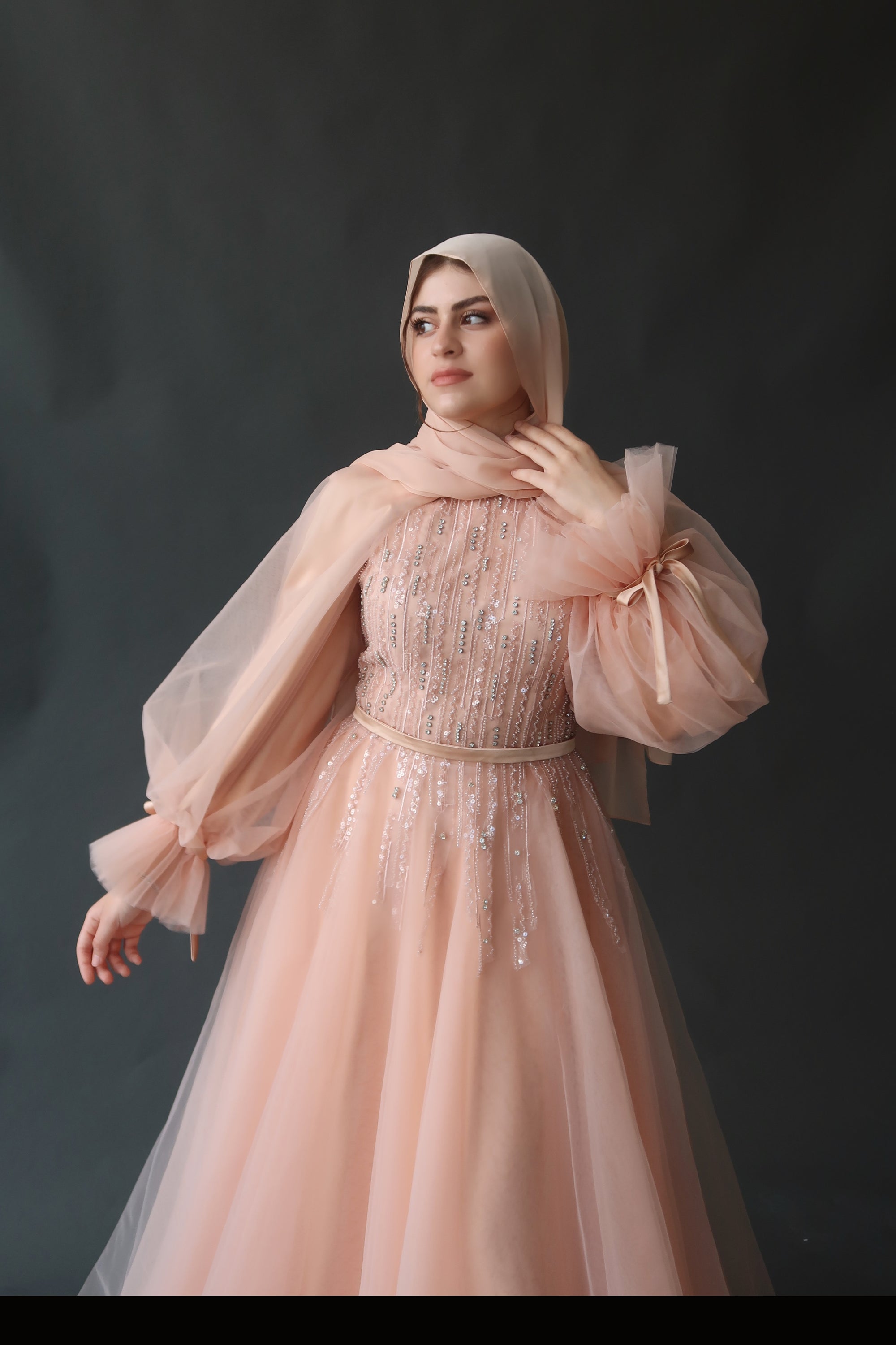 Peach Convertible Halter Neck Ball Gown