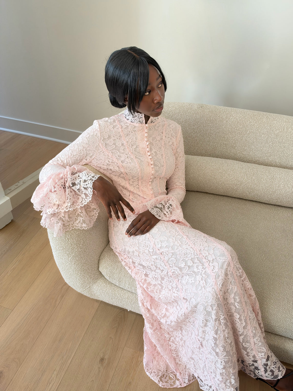 Pink Bell Sleeve Lace Dress