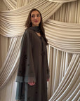 Dark Moss Beaded Floral Chiffon Cuff Abaya (2 pc)