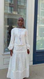 Load and play video in Gallery viewer, White Cotton Eyelet Lace Top &amp; Maxi Skirt Set
