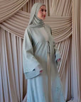 Mint Beaded Floral Chiffon Cuff Abaya (2 pc)