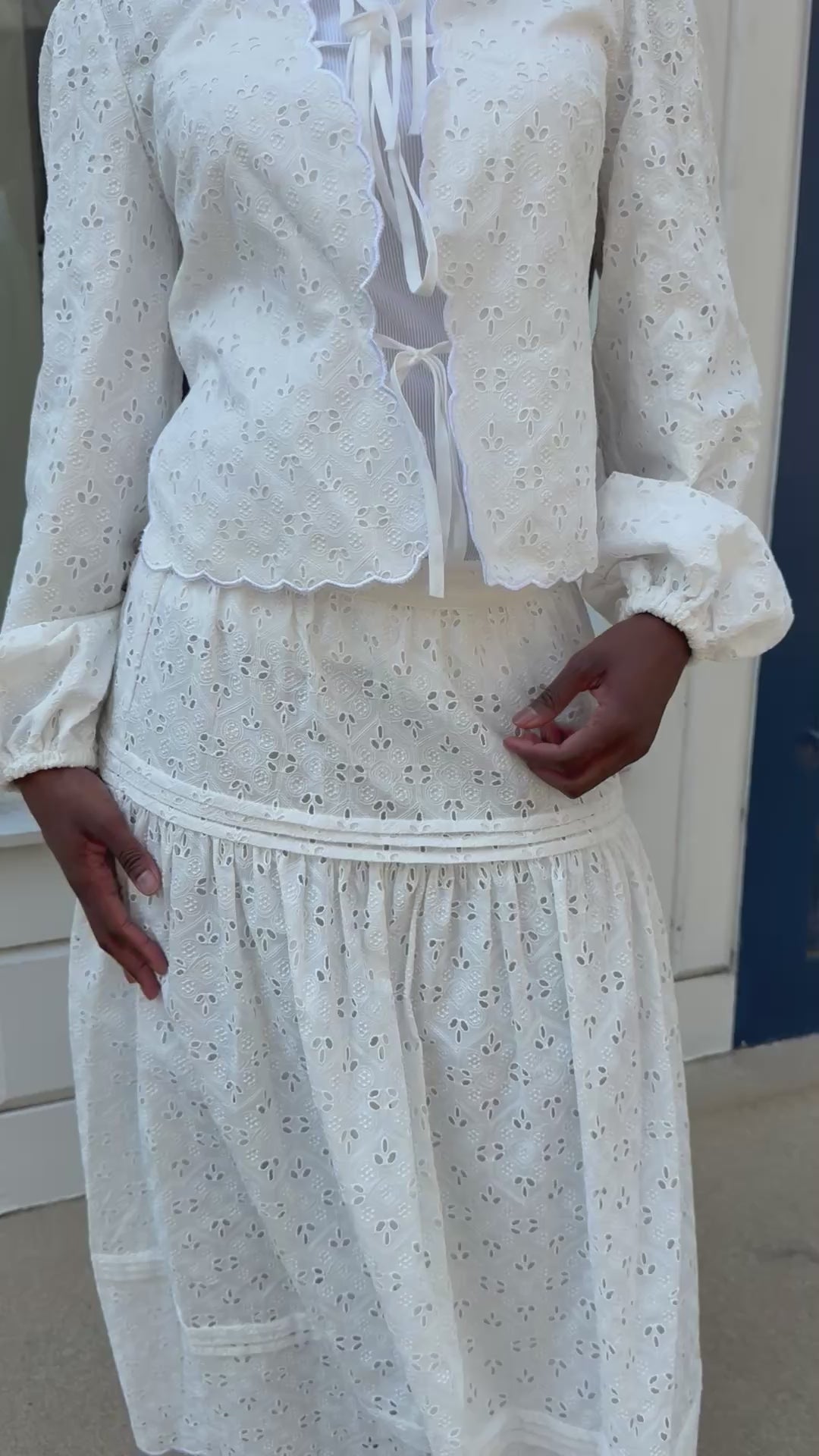White Cotton Eyelet Lace Top & Maxi Skirt Set
