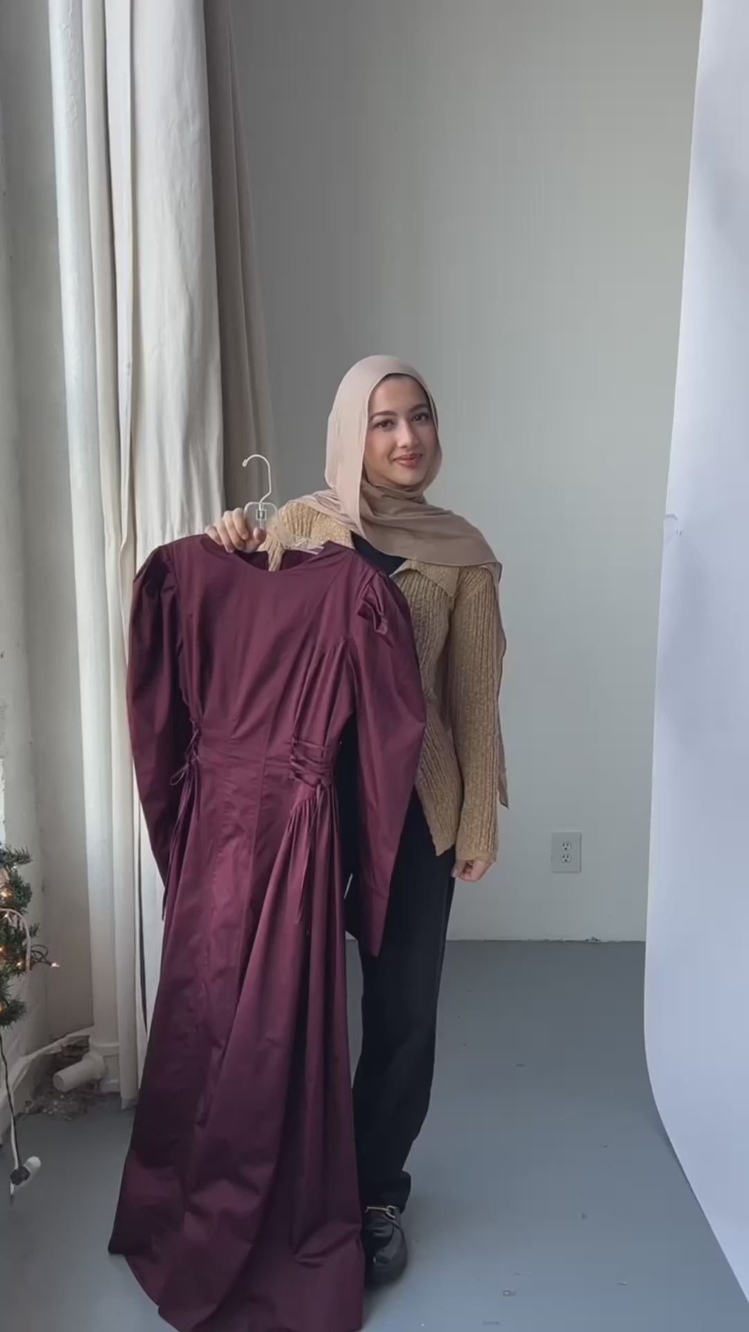 Burgundy Puff Sleeve Lace Up Dress - Final Sale