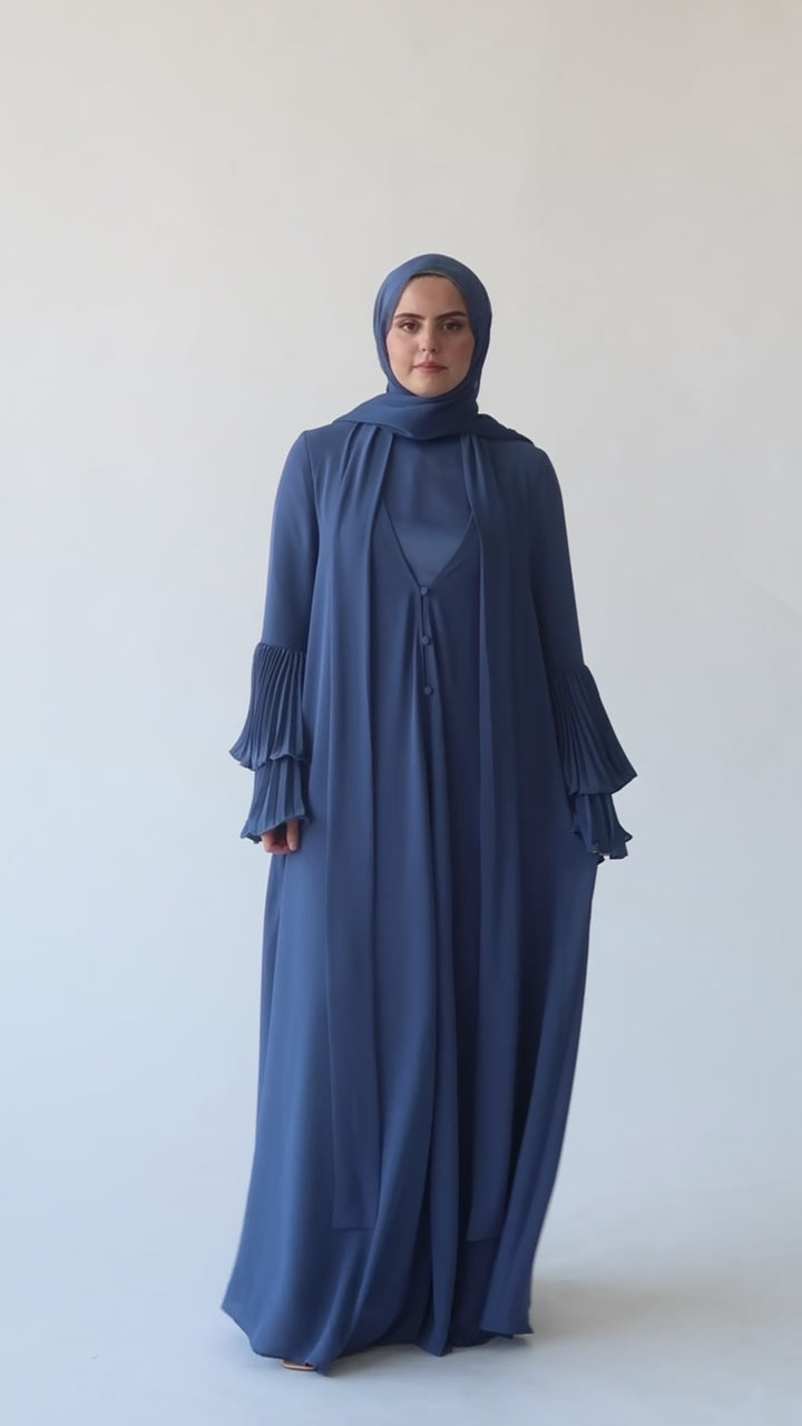 Denim Blue Pleated Sleeve Abaya