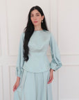 Icy Blue Embellished Satin Peplum Set